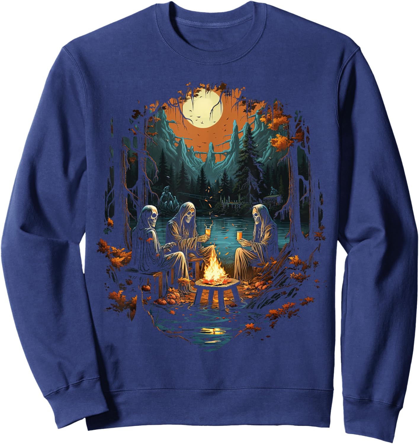 Vintage Ghost and Skeleton by Fire Camping Gothic Halloween Sweatshirt - Sweatshirt | Navy