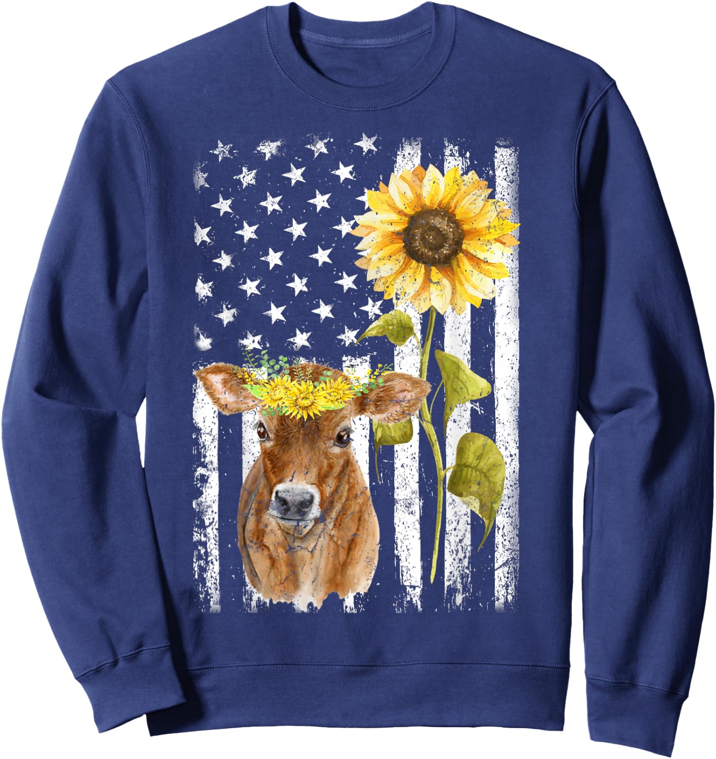 Cow USA Flag Sunflower Cow Lover Women Girls Kids Men Sweatshirt - Sweatshirt | Navy