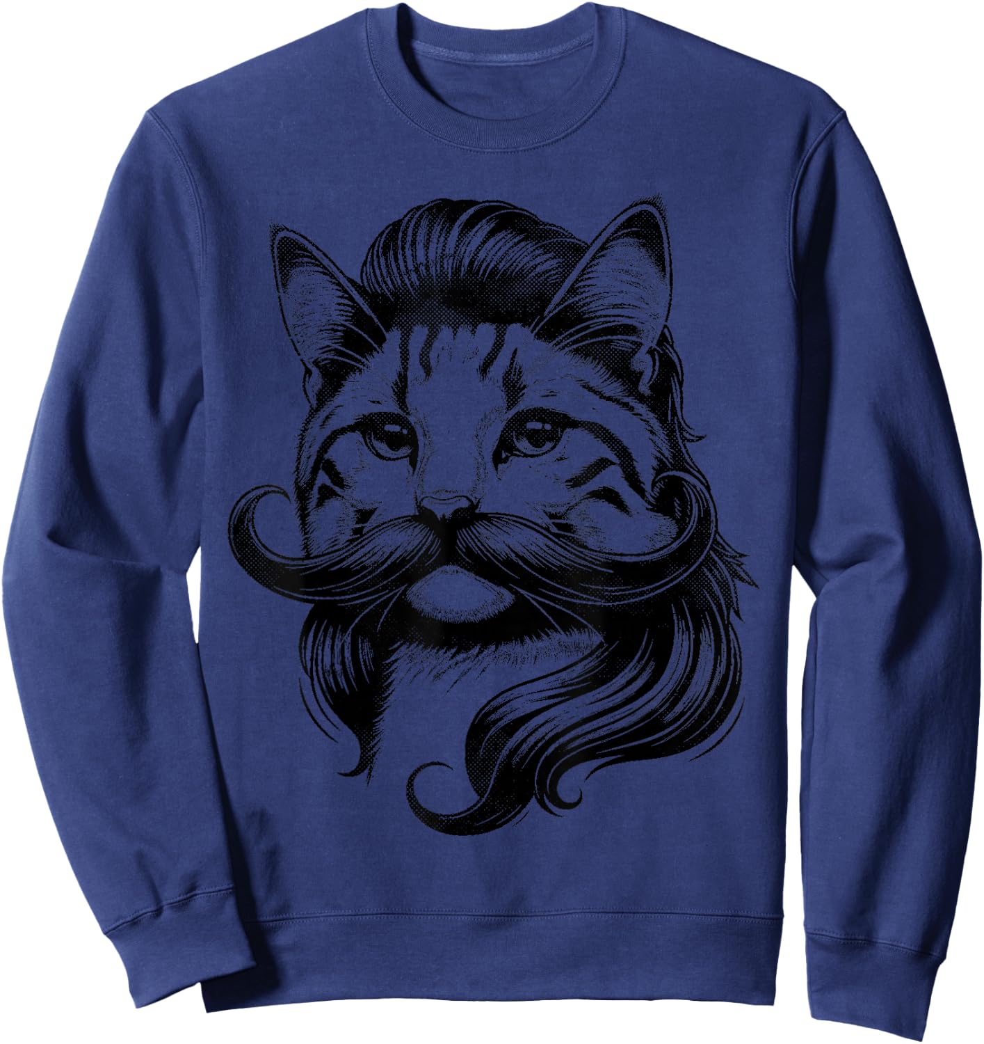 Funny Cat Face with Mullet and Mustache Sweatshirt - Sweatshirt | Navy