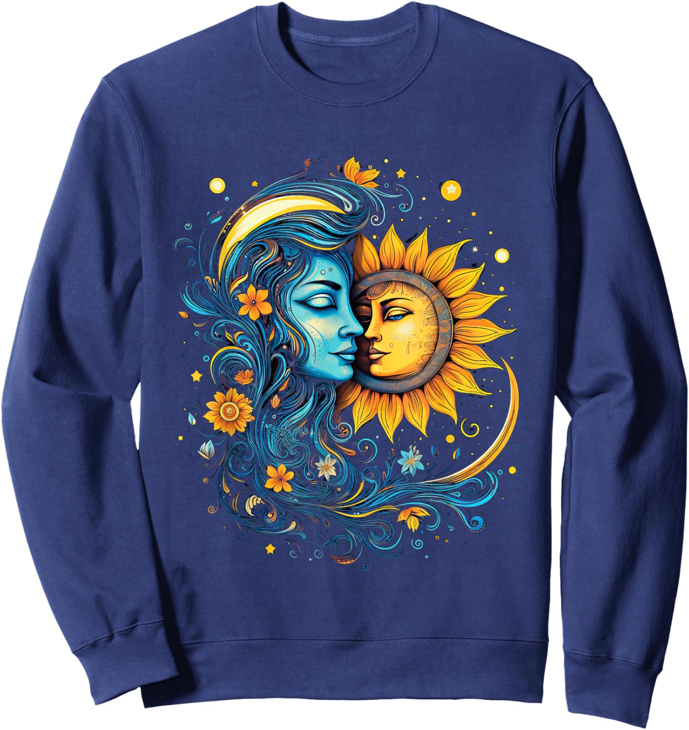 Mystic Sun and Moon Woman Mystical Flowers Aesthetic Sweatshirt - Sweatshirt | Navy