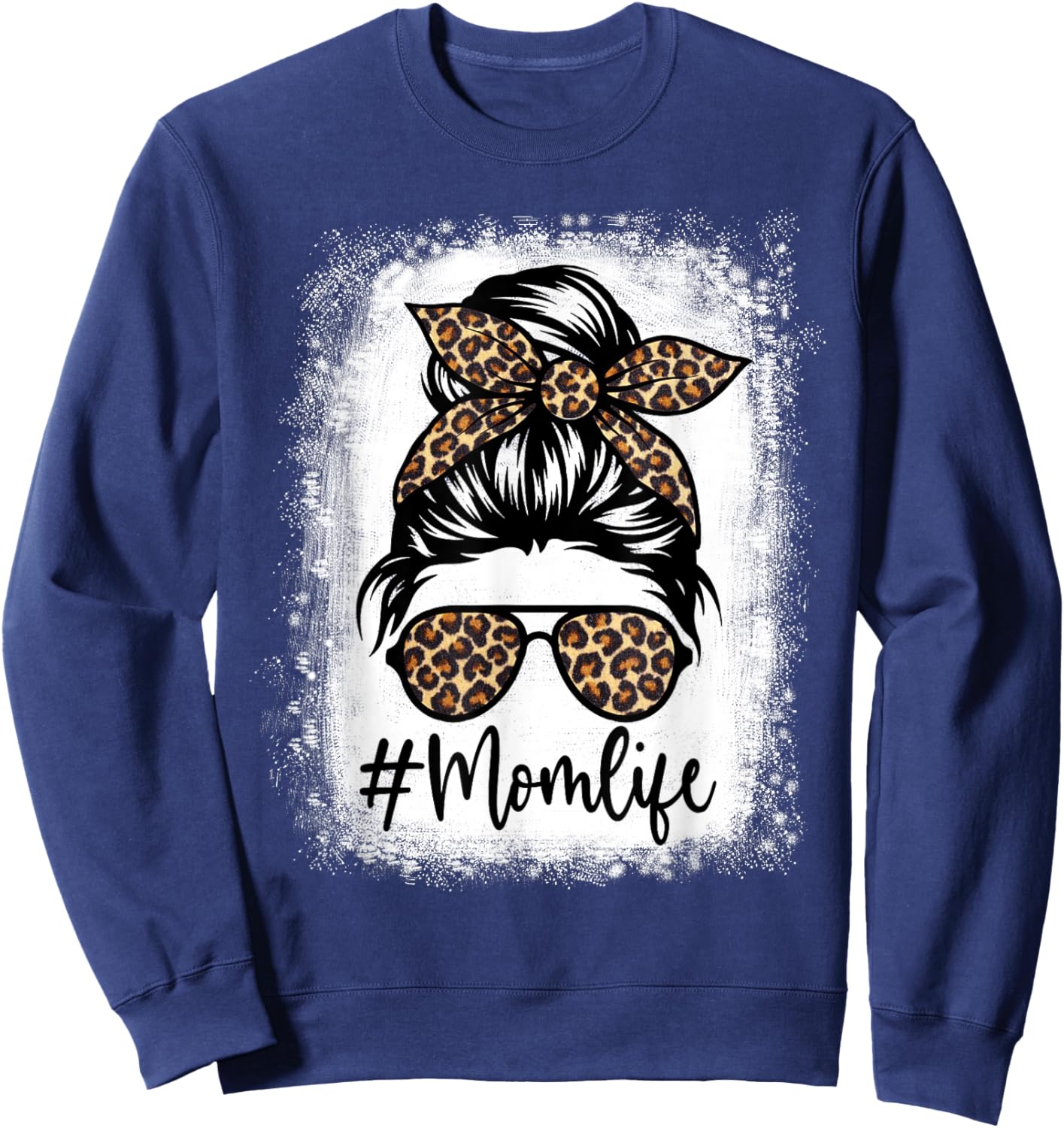 Women Mom Life Bleached Shirt Mom Life Leopard Messy Bun Sweatshirt - Sweatshirt | Navy
