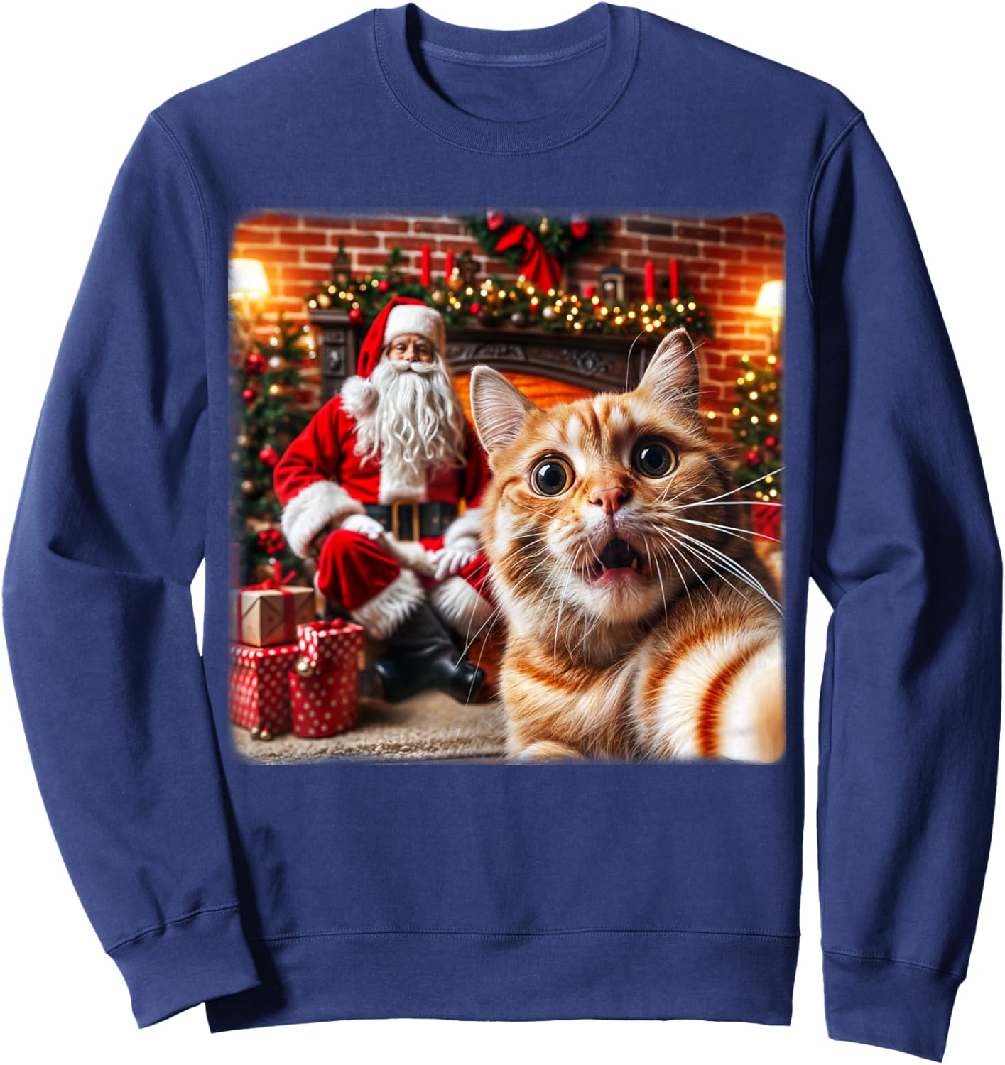Funny Cat Selfie With Santa Claus Christmas Girls Boy Family Sweatshirt - Sweatshirt | Navy