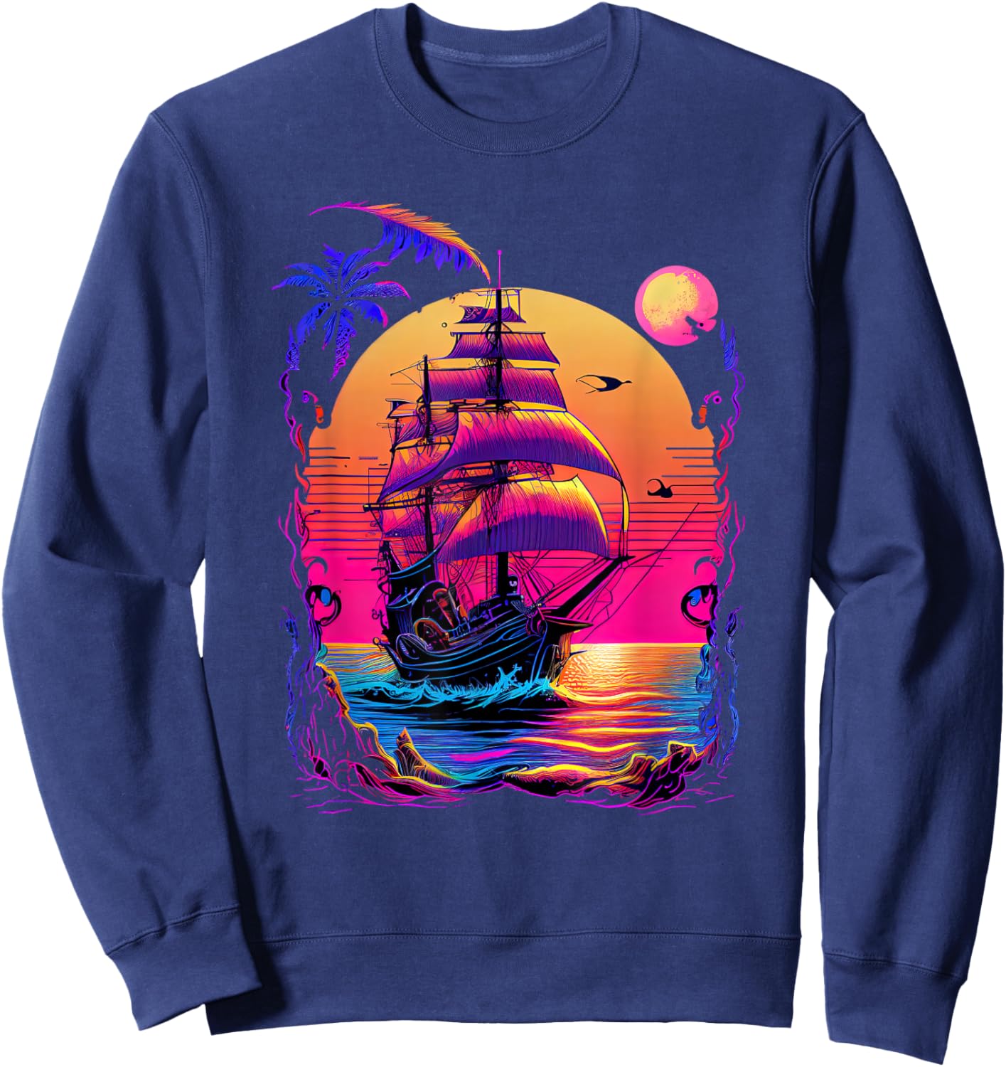Synthwave Retrowave Pirate Ship Colorful Graphic Sweatshirt - Sweatshirt | Navy