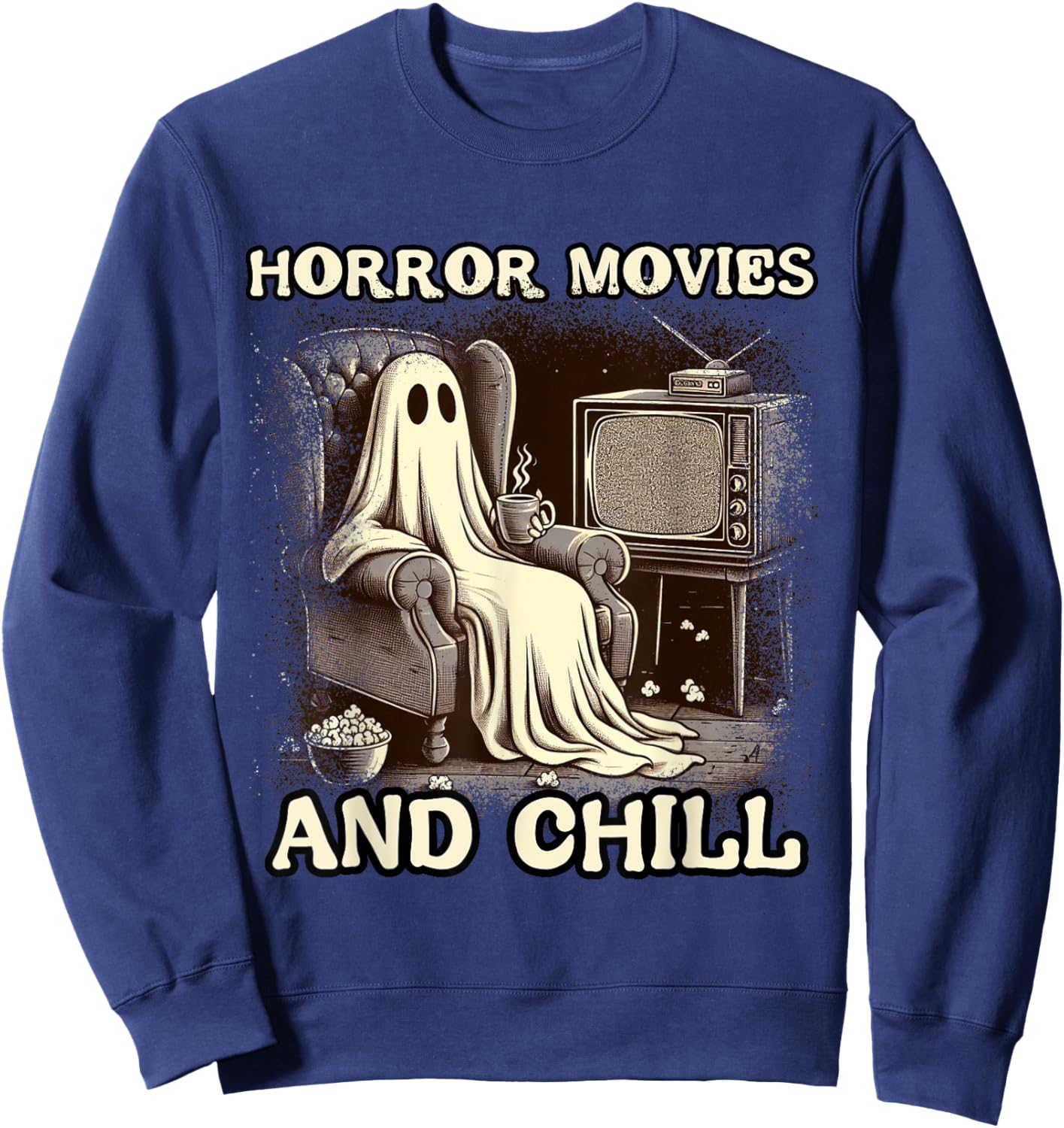Horror Movies and Chill Halloween Ghost popcorn Spooky Sweatshirt - Sweatshirt | Navy