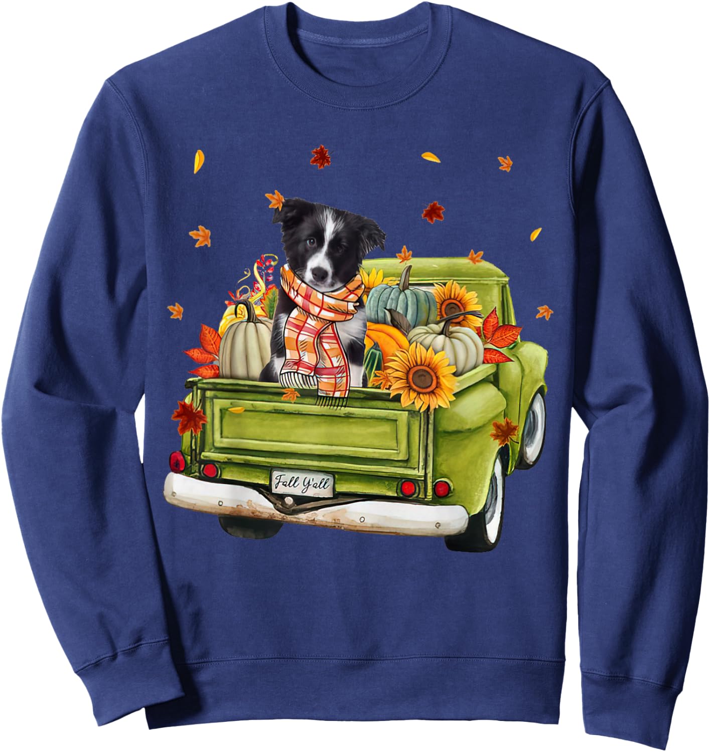 Happy Fall Y'all Border Collie Dog On Truck Pumpkin Fall Sweatshirt - Sweatshirt | Navy