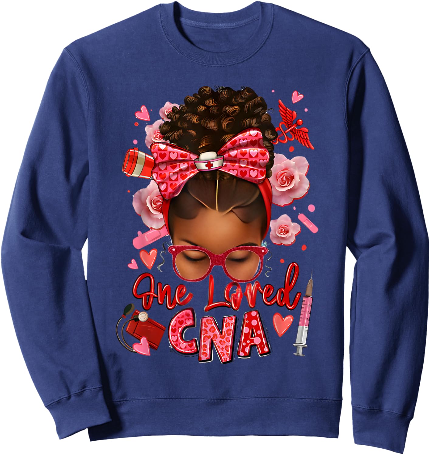 One loved CNA Pink Leopard Afro Messy Bun Sweatshirt - Sweatshirt | Navy