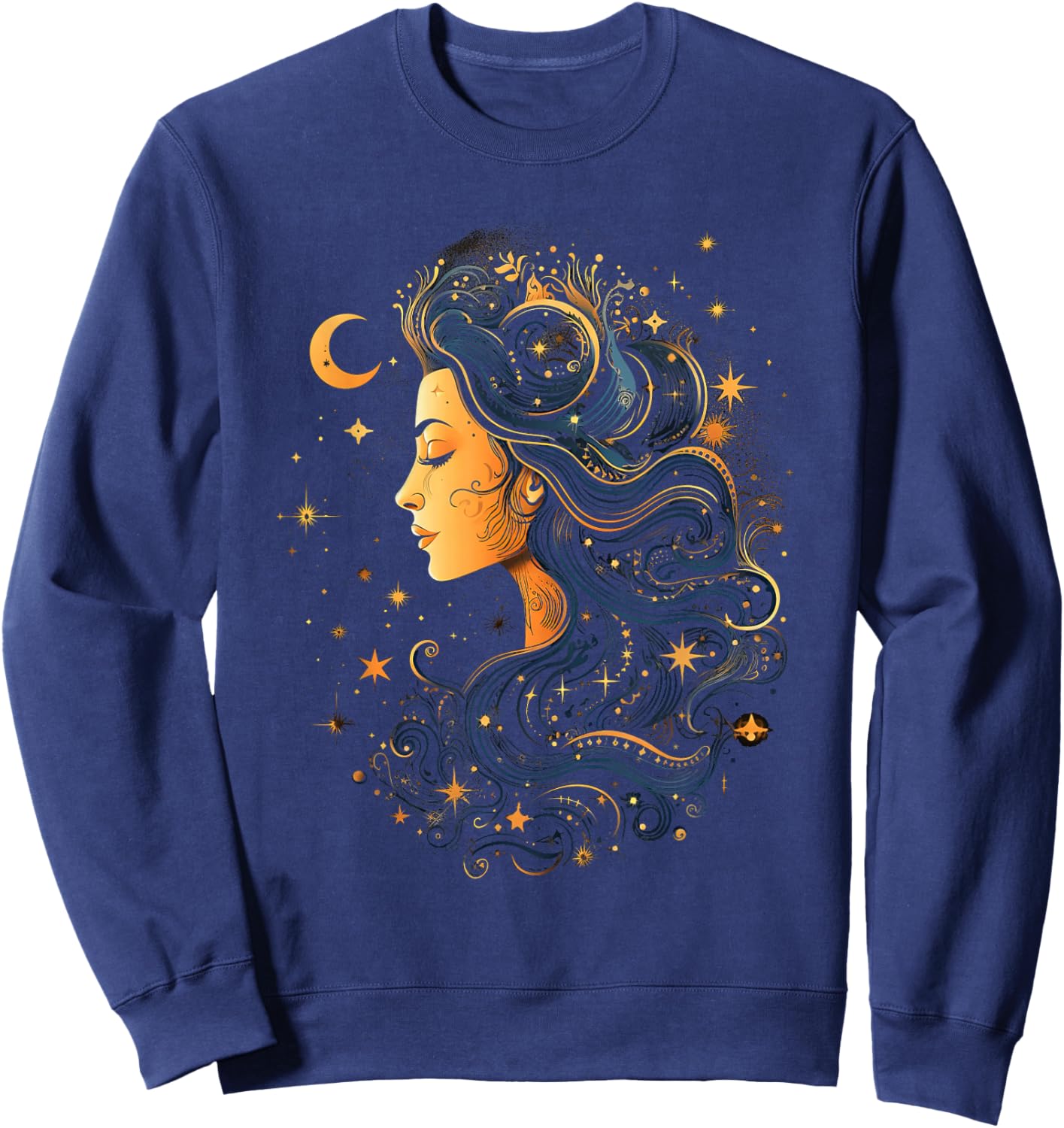 Mystical Sun and Moon with Woman Mystical Flowers Aesthetic Sweatshirt - Sweatshirt | Navy