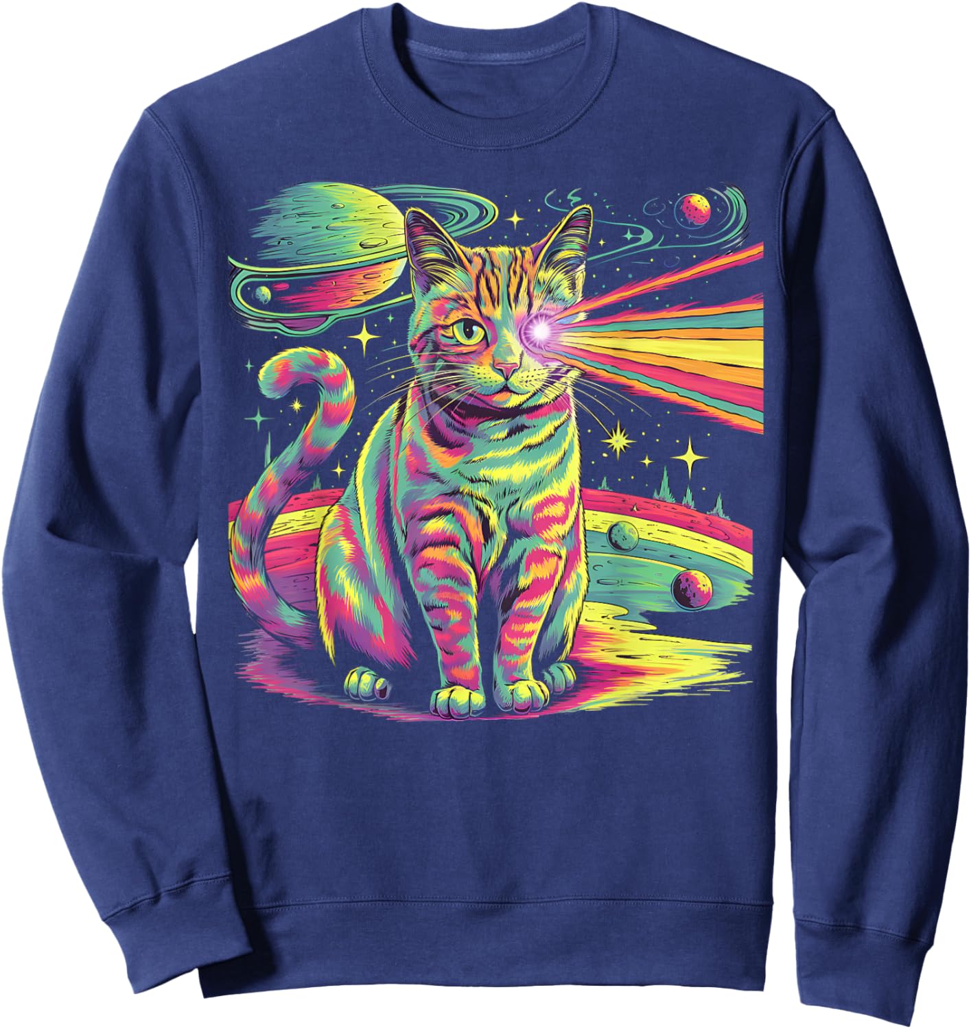 Bunte Psychedelisch Laser Katze | Weltall Planeten Sweatshirt - Sweatshirt | Navy