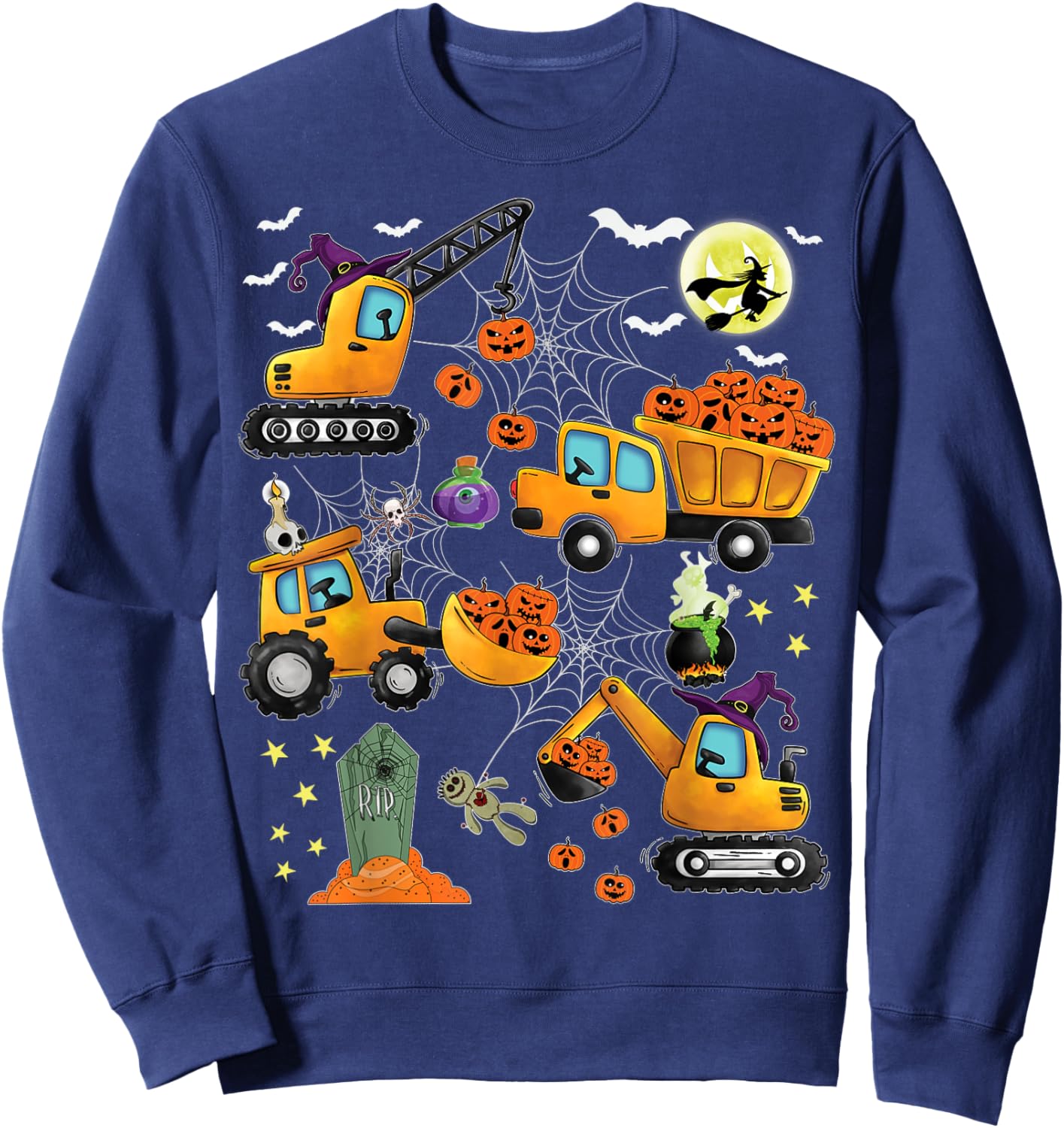 Kids Construction Vehicle Halloween Crane Truck Pumpkin Boys Sweatshirt - Sweatshirt | Navy