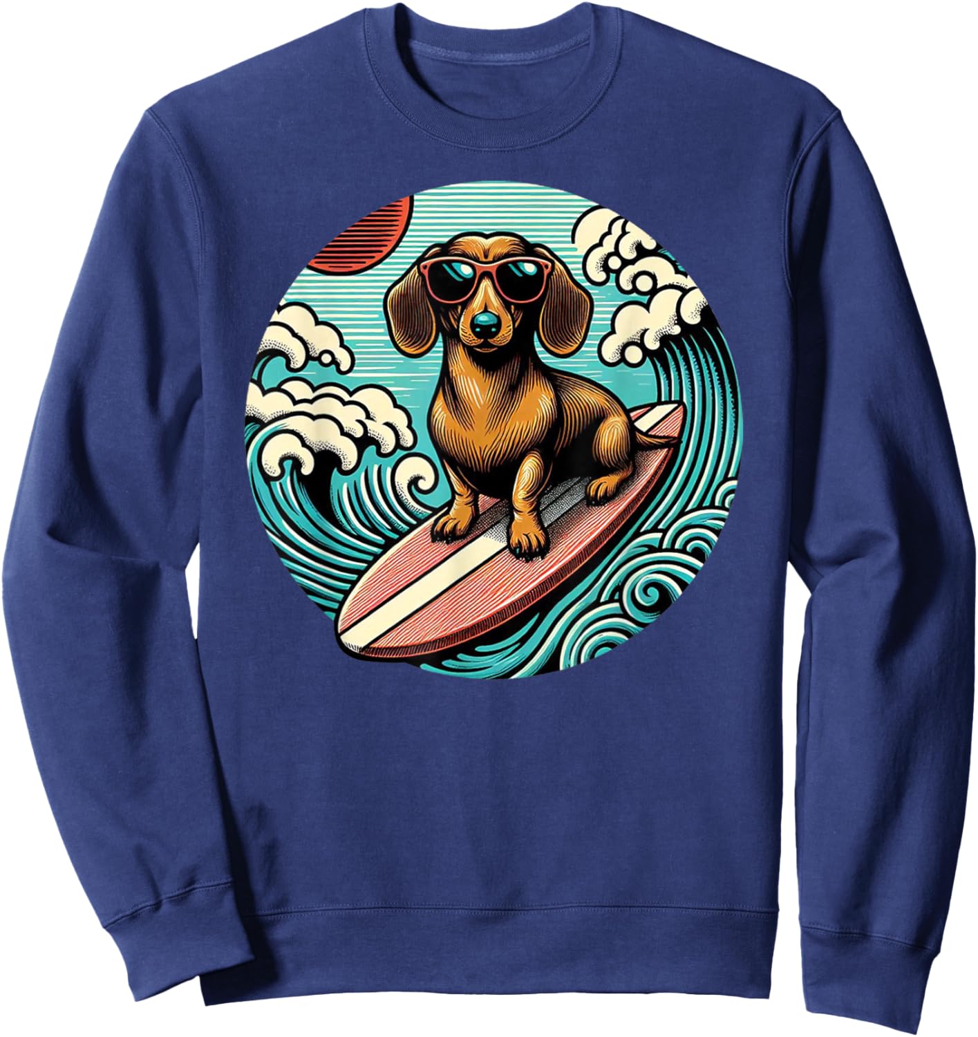 Red Dachshund Surfing Summer Vibes Ocean Beach Surfer Wave Sweatshirt - Sweatshirt | Navy