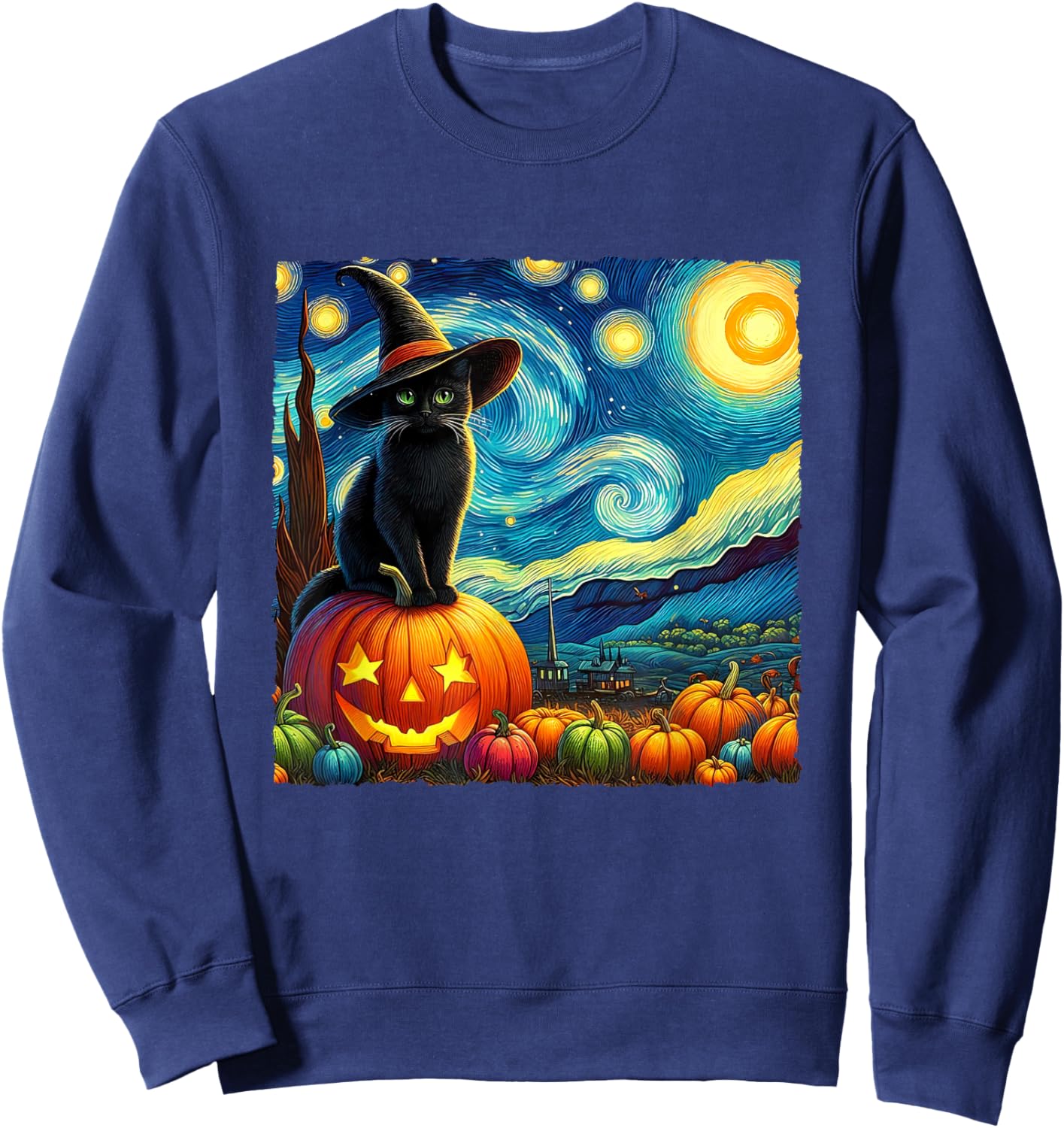Halloween Van Gogh Starry Night Black Cat Witch Hat Pumpkins Sweatshirt - Sweatshirt | Navy