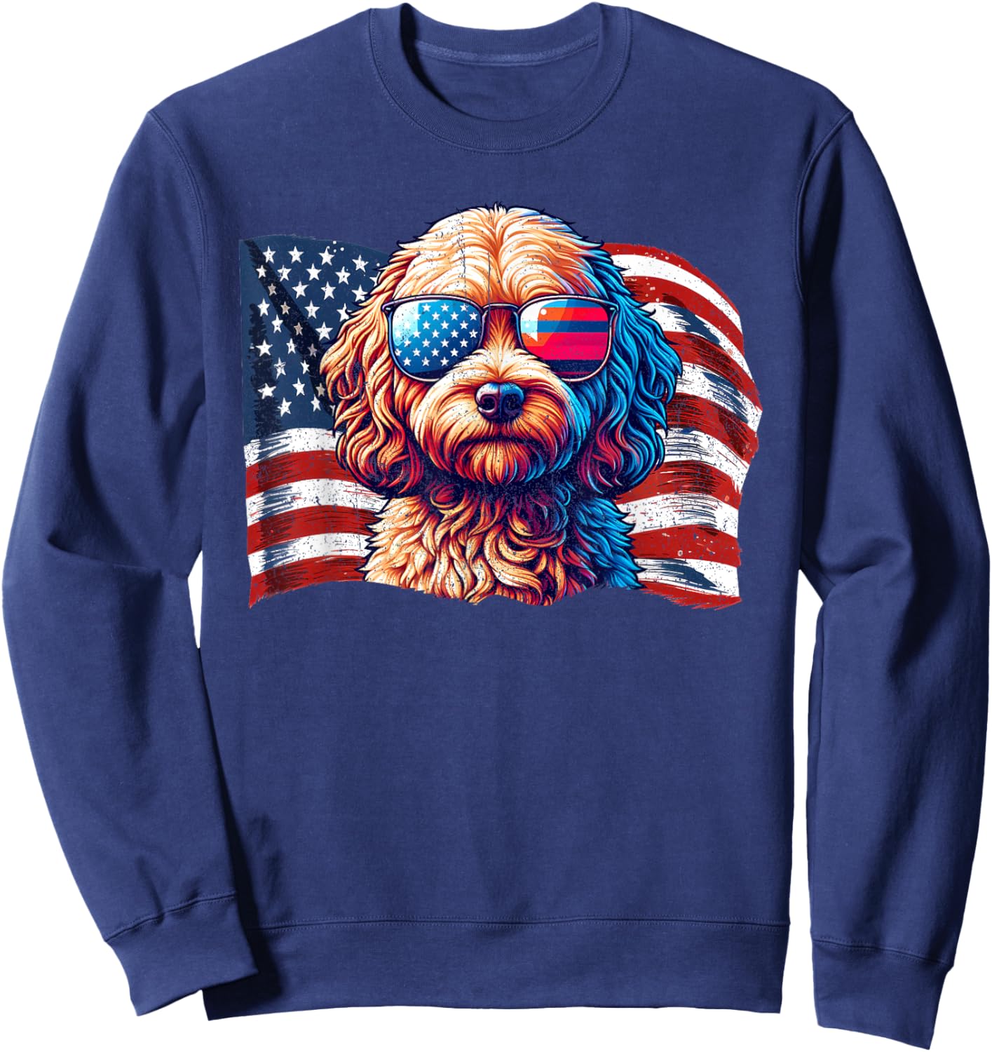 Vintage Cockapoo Dogs American Flag Patriotic Sunglasses Sweatshirt - Sweatshirt | Navy