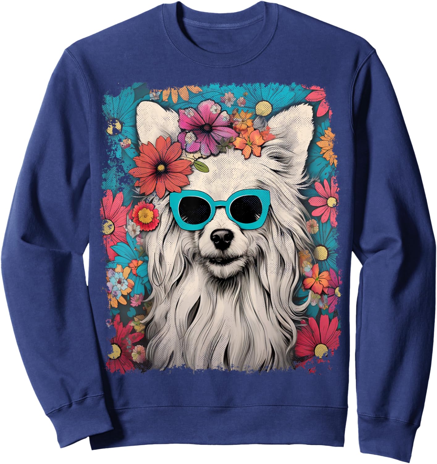 Pet Dog Face Vintage Chinese Crested Dog Floral Graphic Sweatshirt - Sweatshirt | Navy