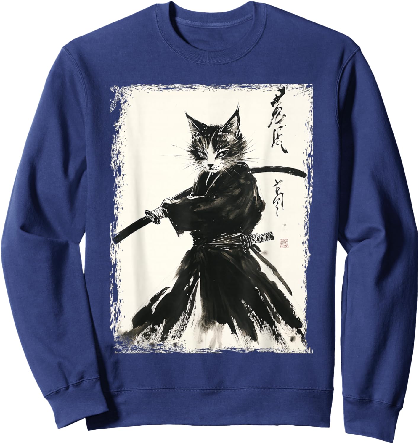 Samurai Cat Ukiyo-e Vintage Art Warrior Graphic Sweatshirt - Sweatshirt | Navy