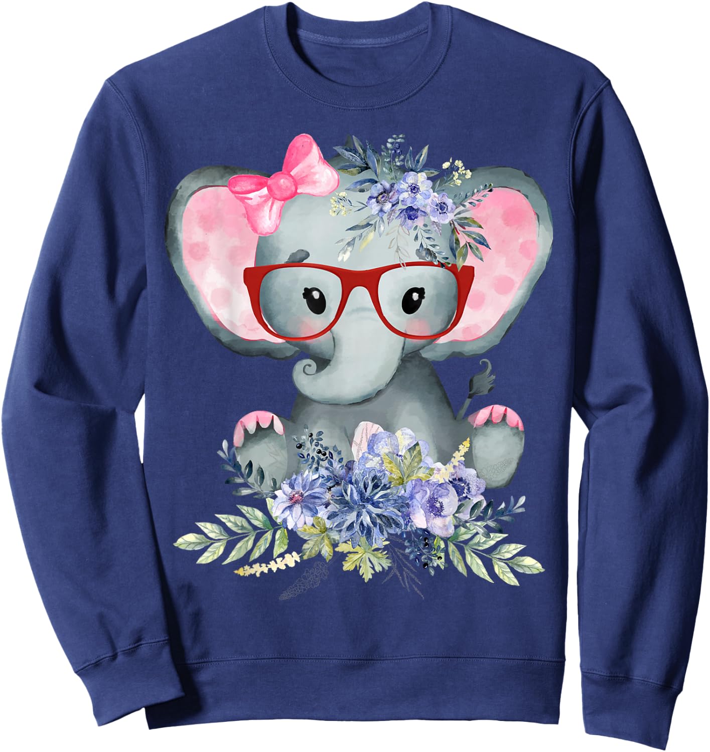 Cute Girl Baby Elephant Wearing Bow Tie & Glasses w/ Flowers Sweatshirt - Sweatshirt | Navy