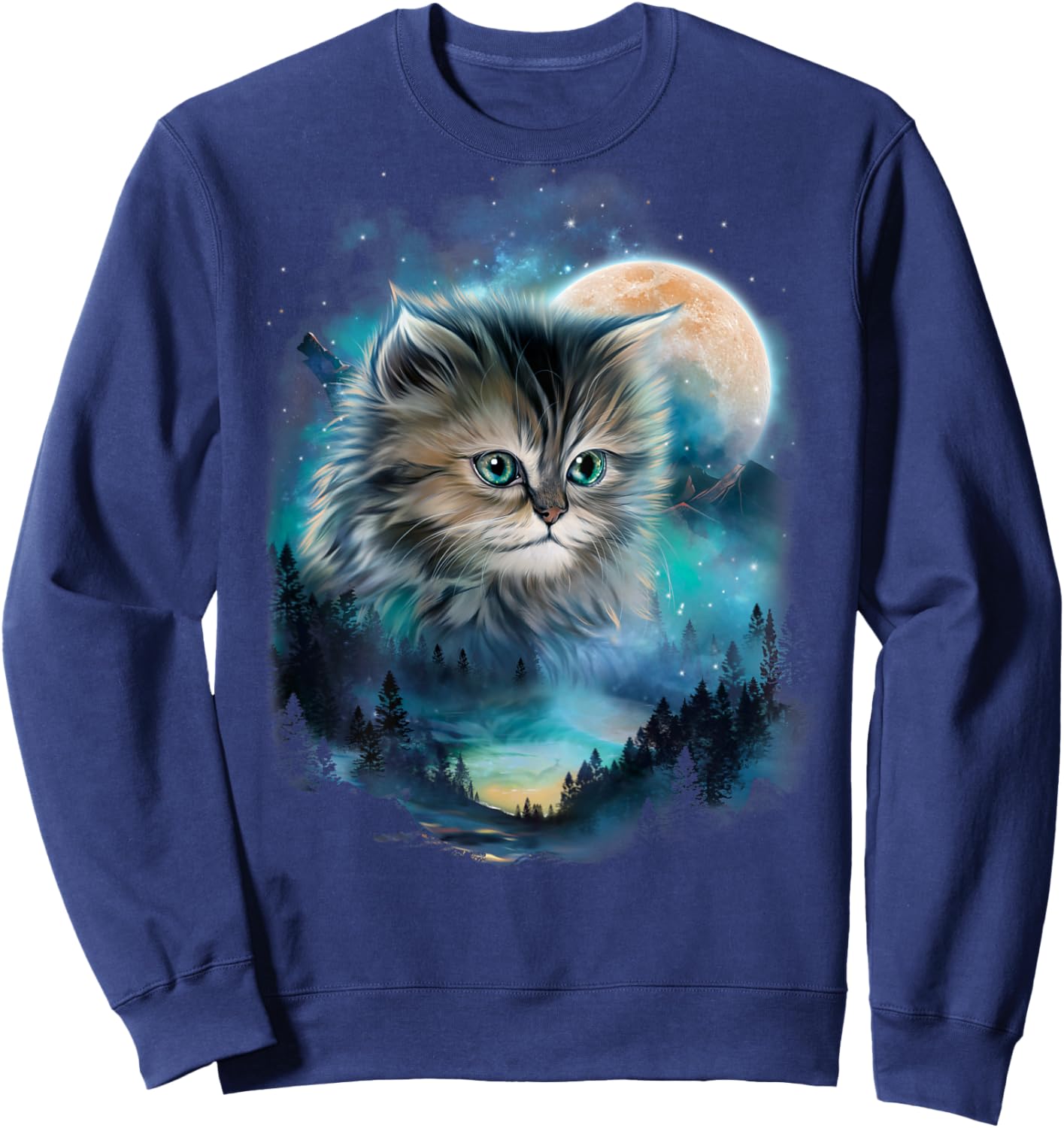 Mystical Cat Under Moonlit Forest Sky Men Women Kids Sweatshirt - Sweatshirt | Navy