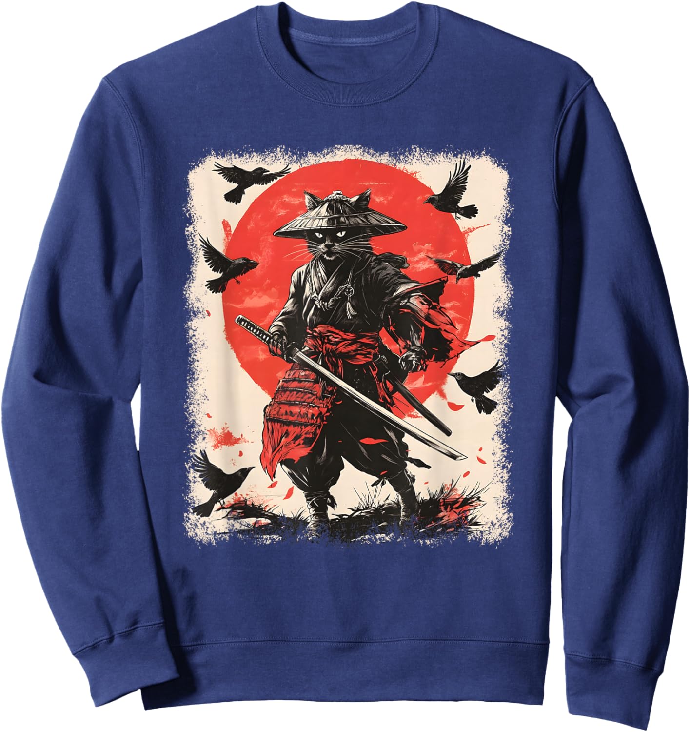 Samurai Cat, Japanese Warrior Art | Anime & Vintage Samurai Sweatshirt - Sweatshirt | Navy