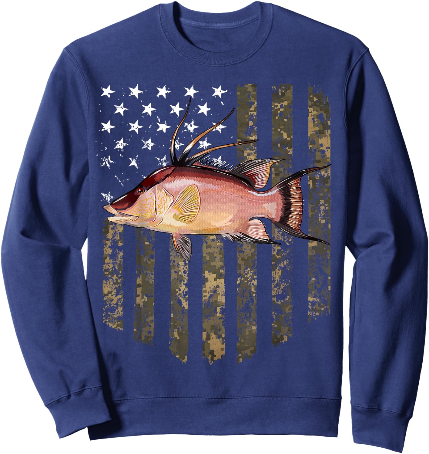 Camo American Flag Hogfish Fishing 4th Of July Sweatshirt - Sweatshirt | Navy