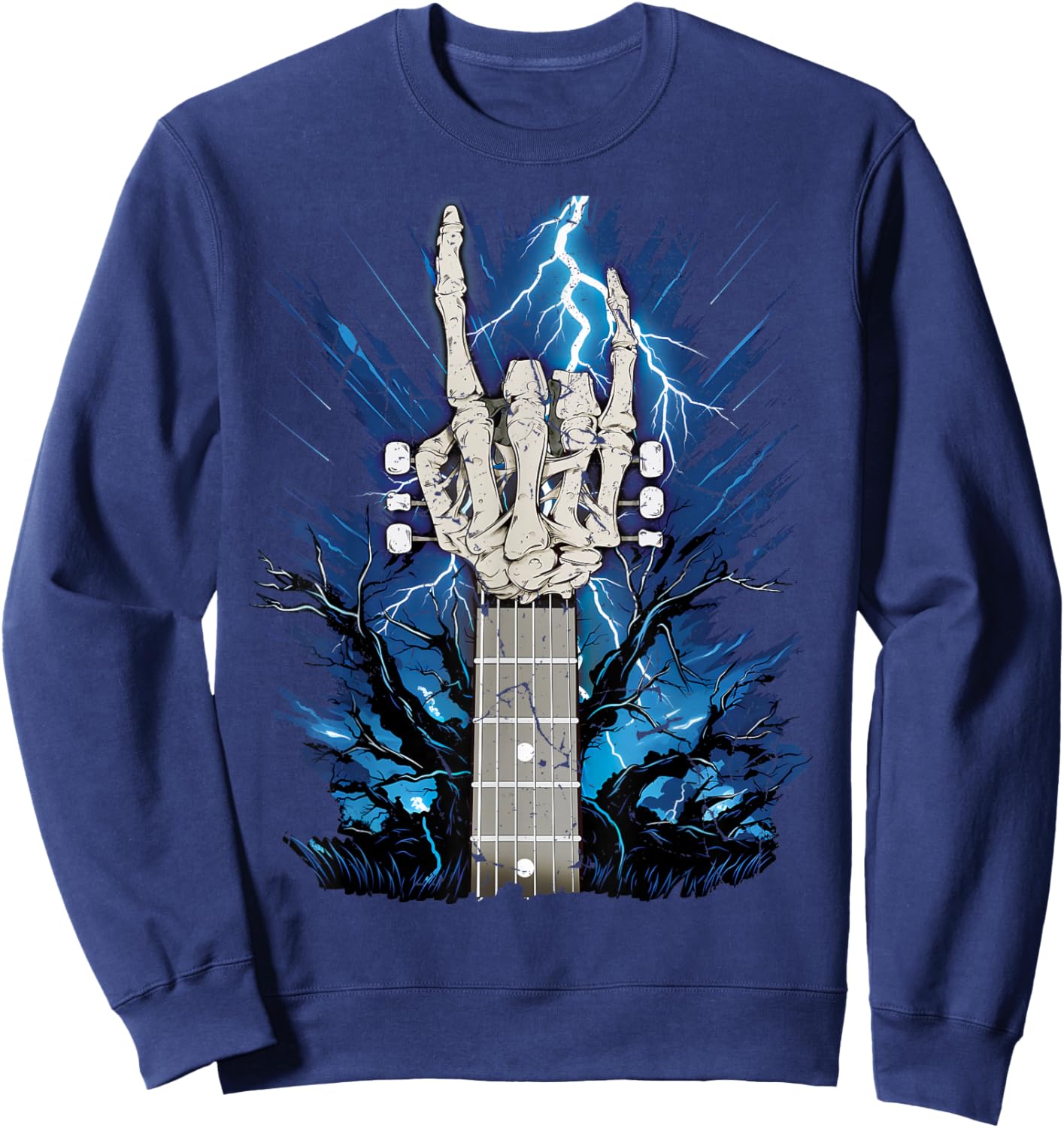 Rock On Skeleton Hand Guitar Neck Rock & Roll Halloween Sweatshirt - Sweatshirt | Navy