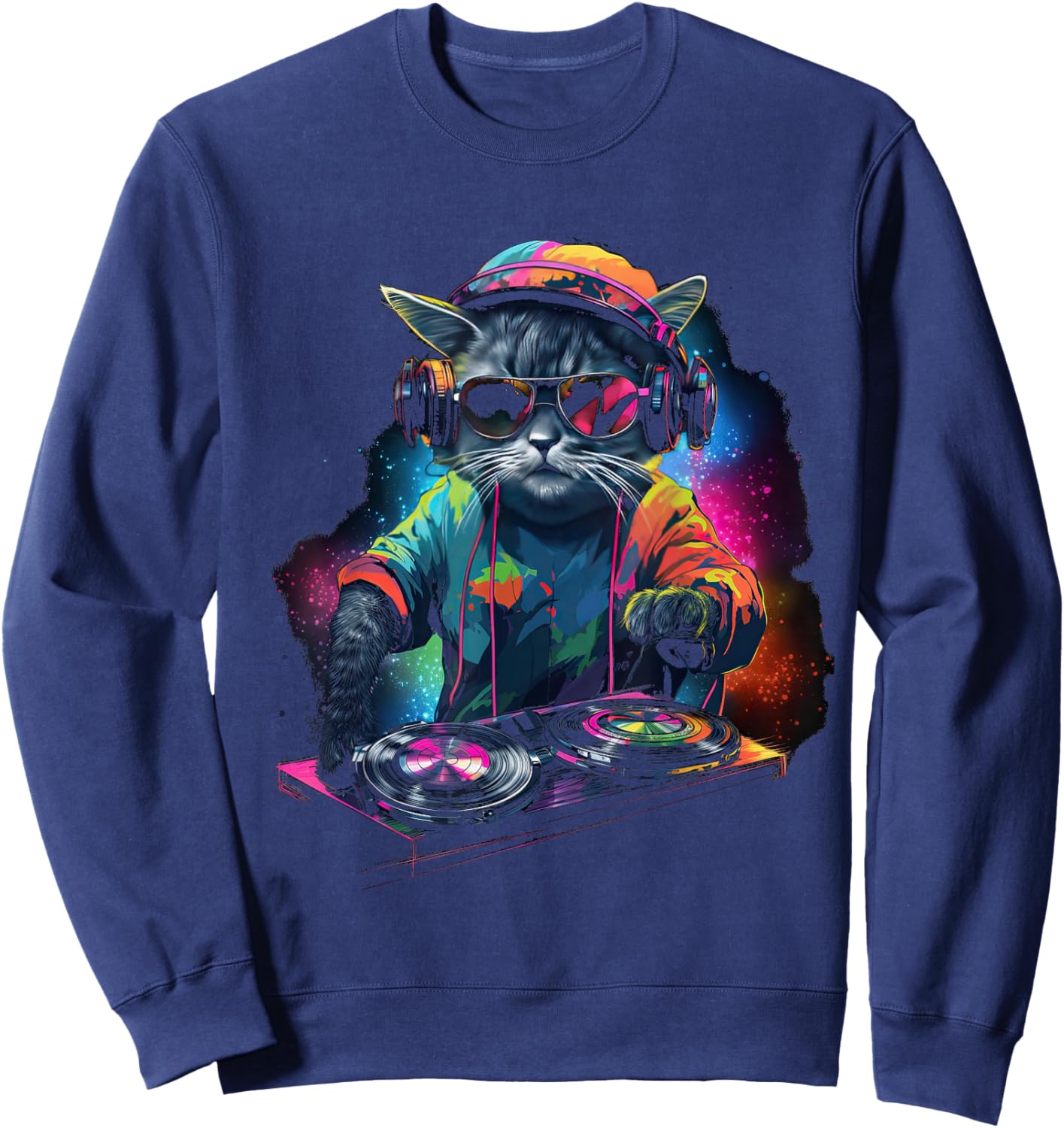 DJ Cat With Headphones And Sunglasses Disco Cats Sweatshirt - Sweatshirt | Navy