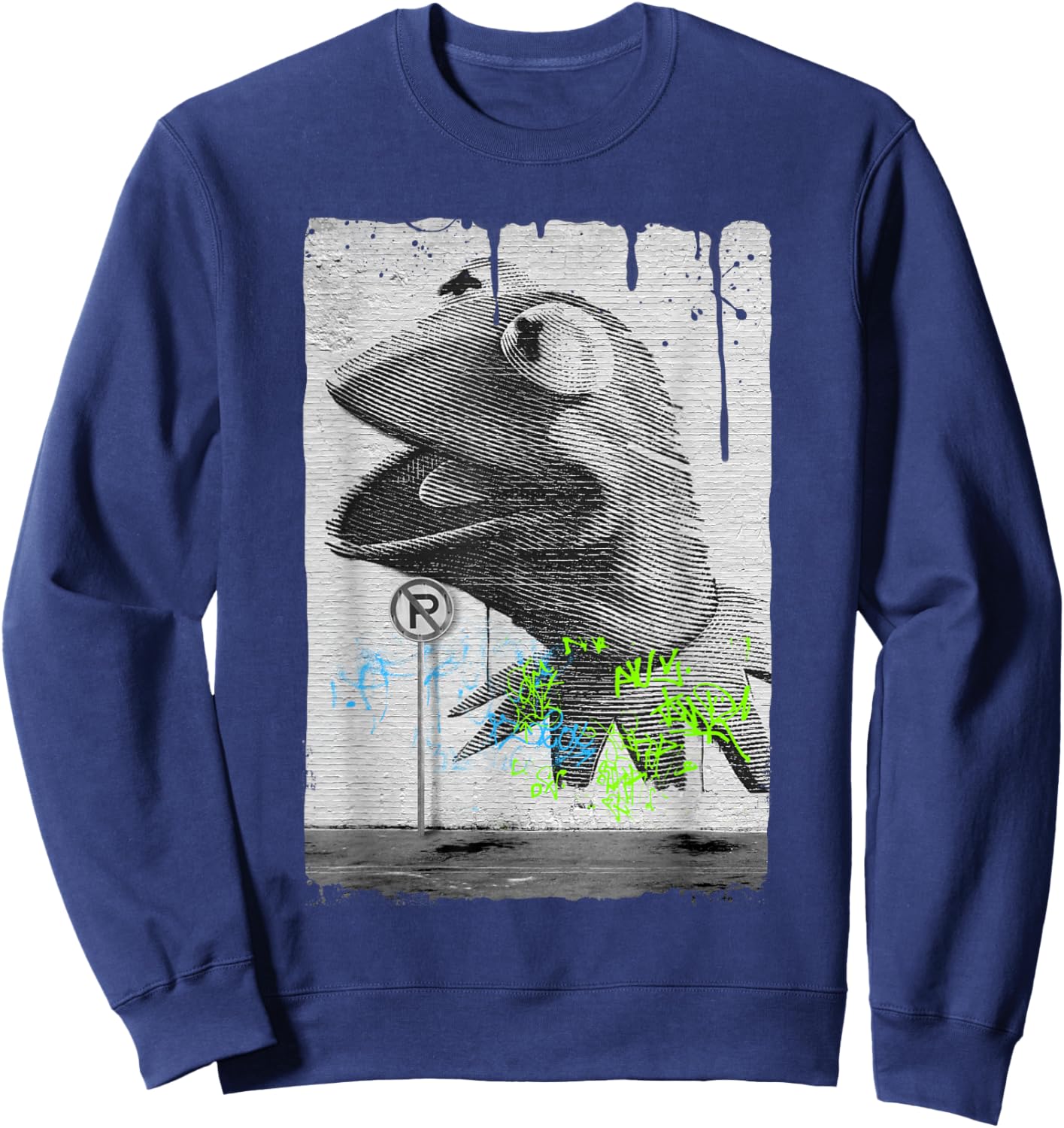 Disney The Muppets Kermit The Frog Distressed Overlay Panel Sweatshirt - Sweatshirt | Navy