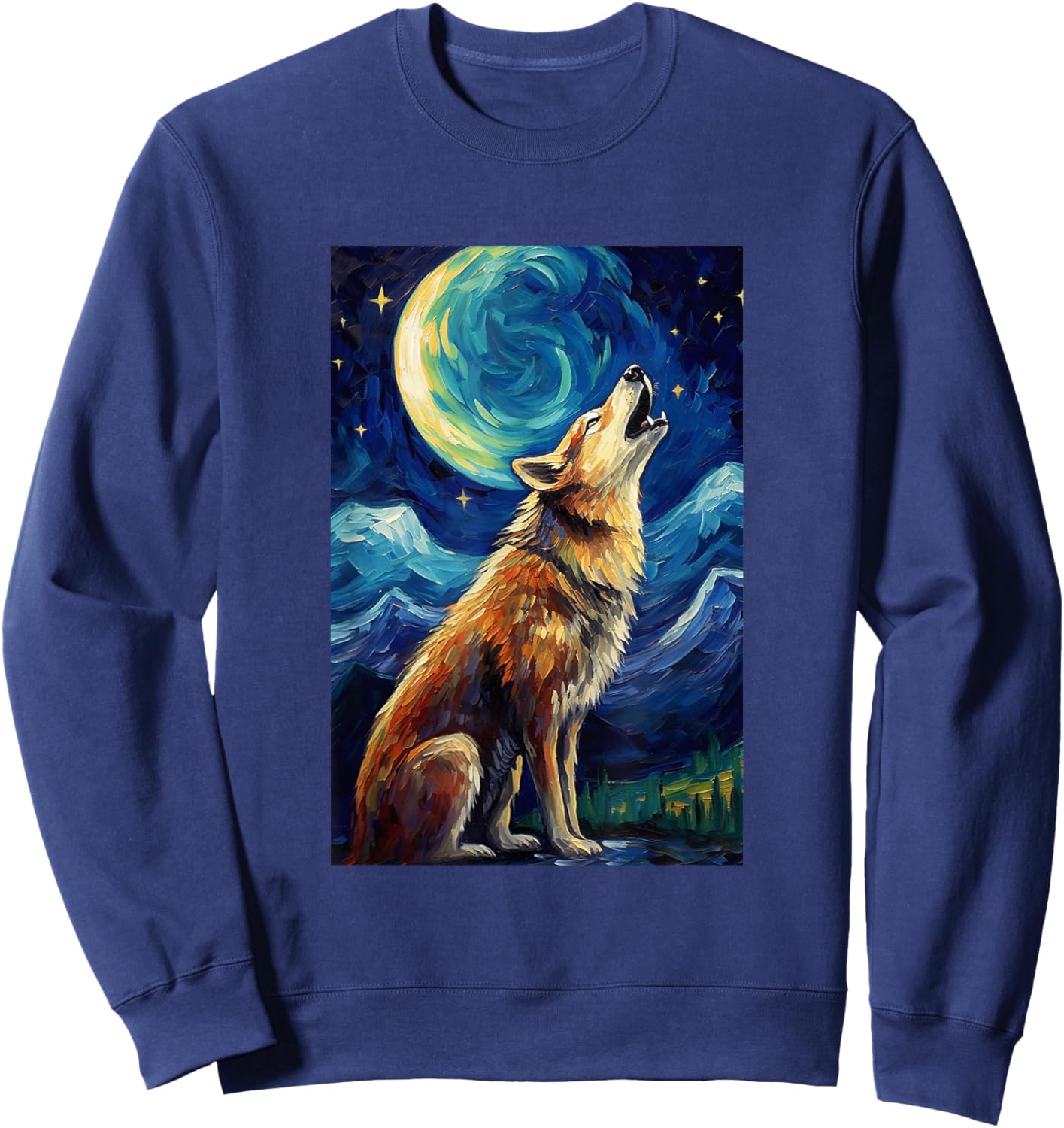 Wolf howls at moon - Van Gogh Style - Starry Night Sweatshirt - Sweatshirt | Navy