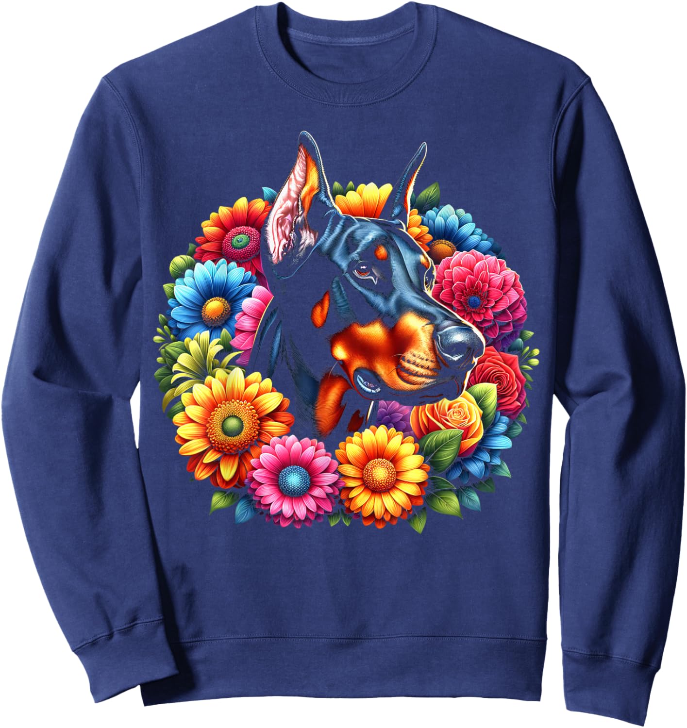 Cute Doberman Portrait in Colourful Flowers Sweatshirt - Sweatshirt | Navy