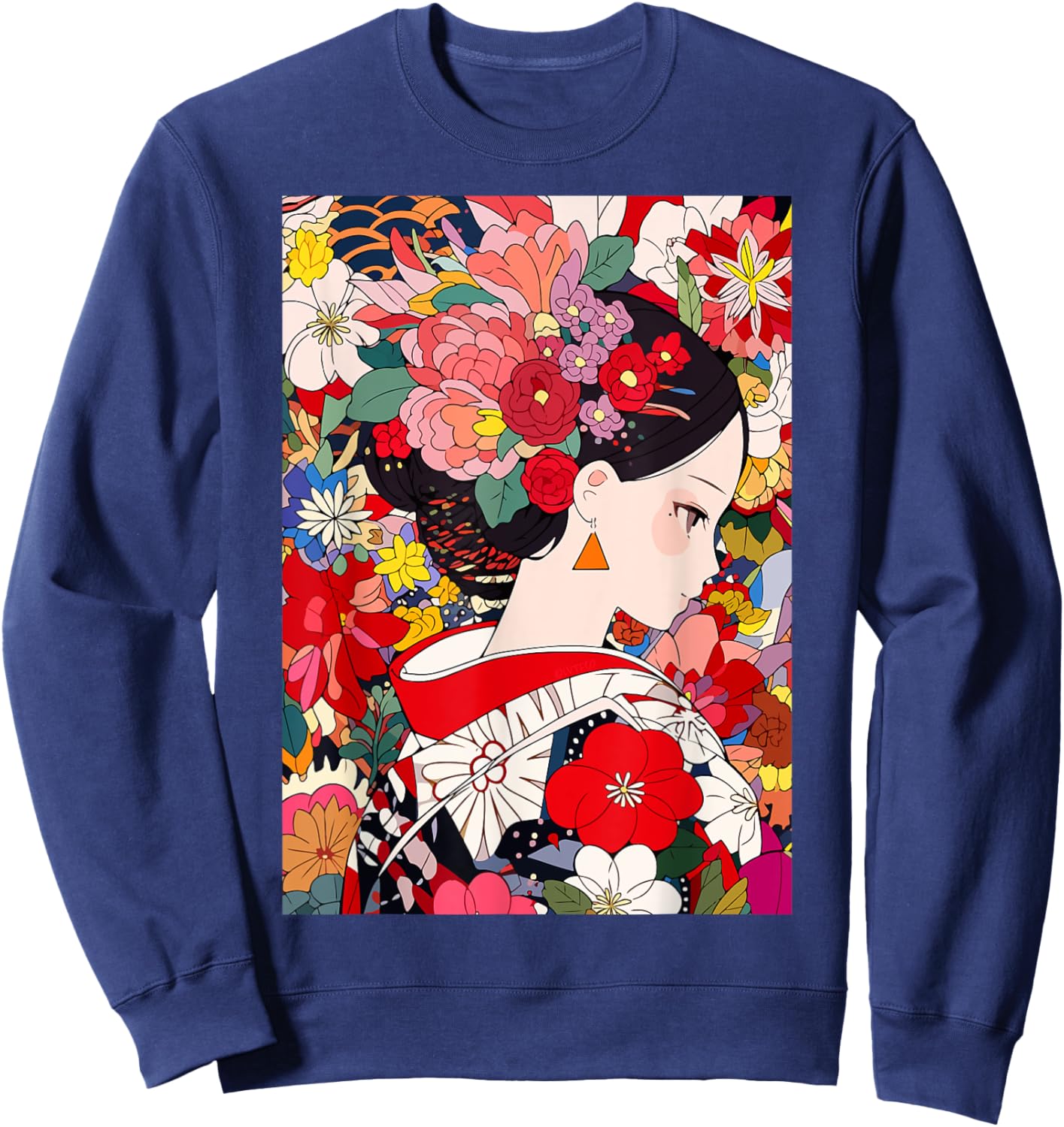 Japanese Flower Kimono Girl Cute Kawaii Anime Art Sweatshirt - Sweatshirt | Navy