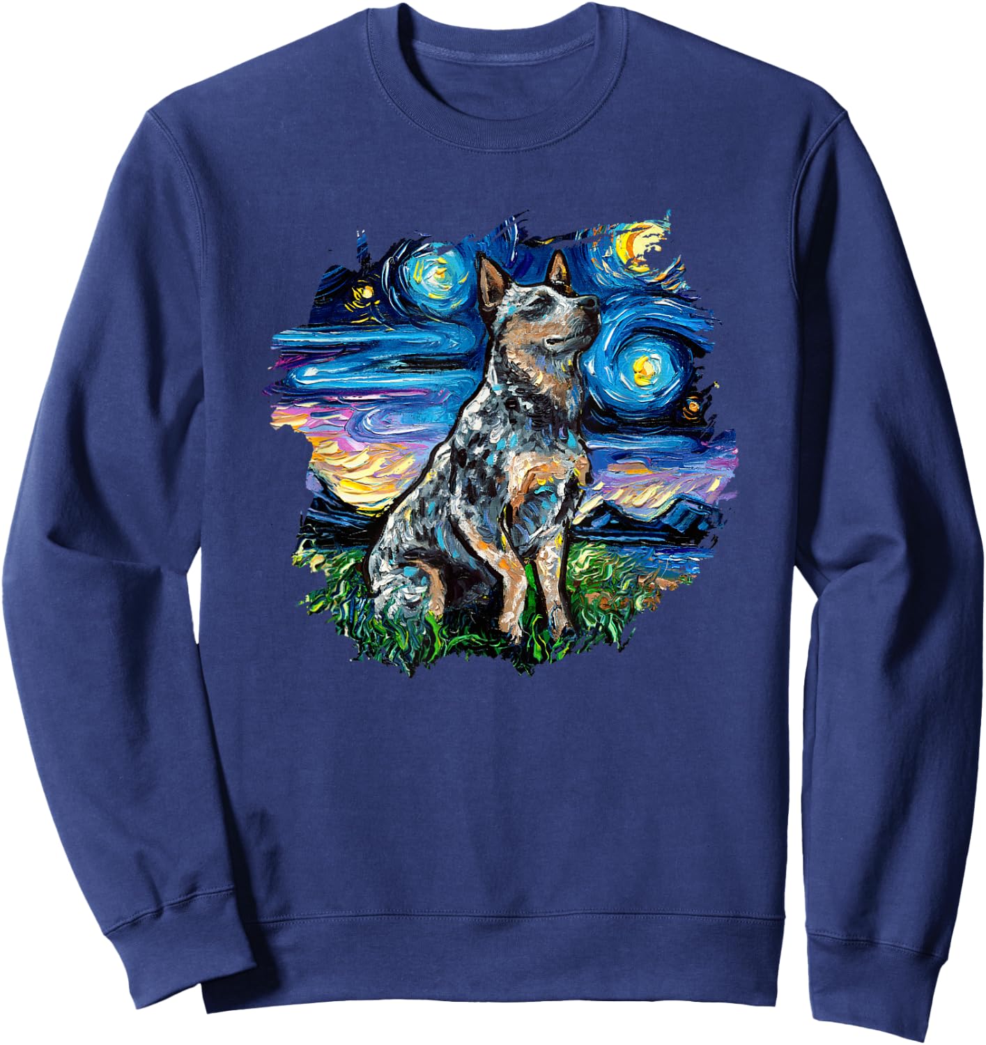 Blue Heeler with border Starry Night Dog Art by Aja Sweatshirt - Sweatshirt | Navy
