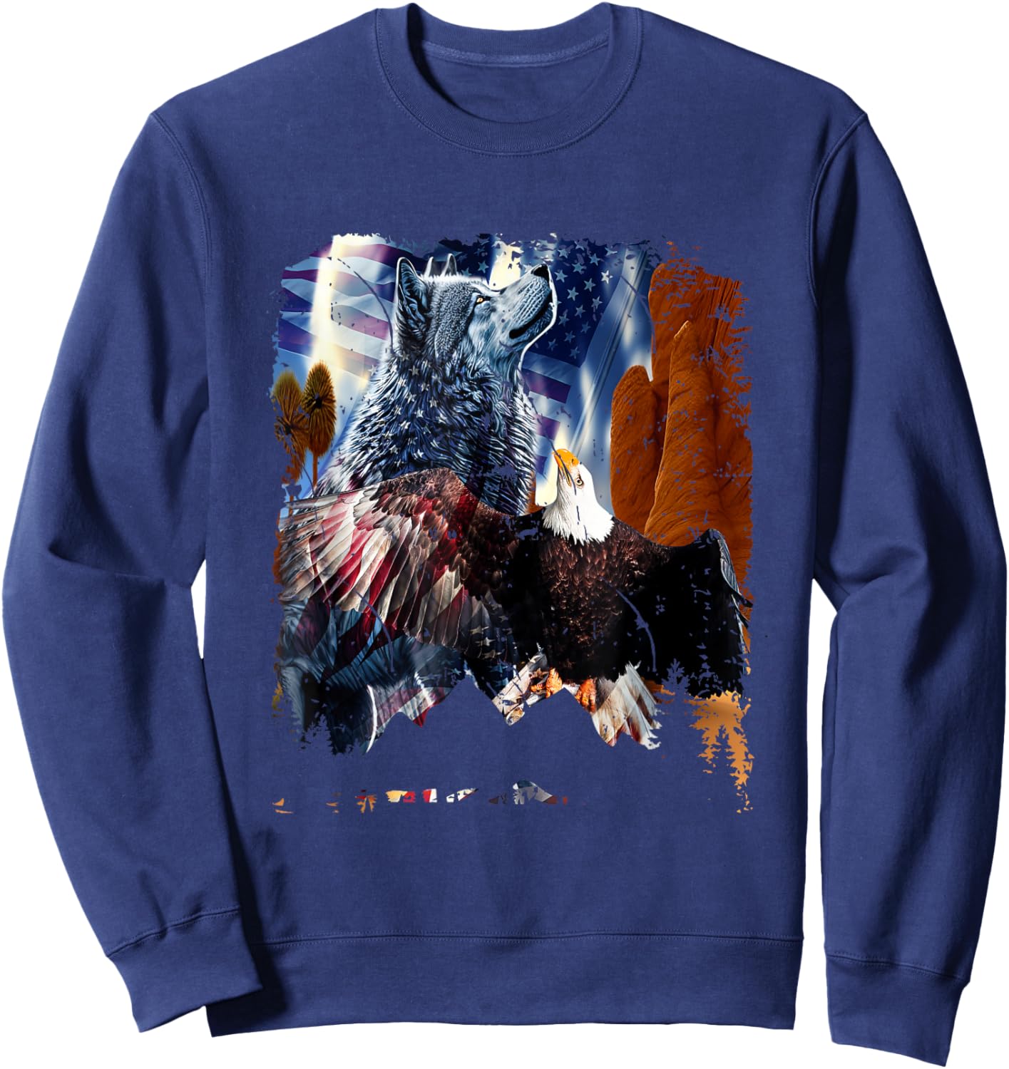 Wolf With Bald Eagles American Flag Patriotic Independence Women Men Sweatshirt - Sweatshirt | Navy
