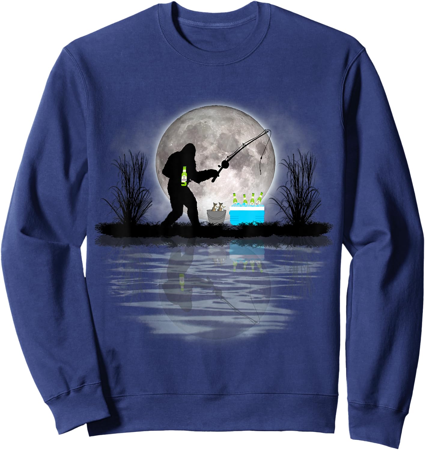 Bigfoot Fishing Funny Sasquatch Fishing & Beer Gift Sweatshirt - Sweatshirt | Navy