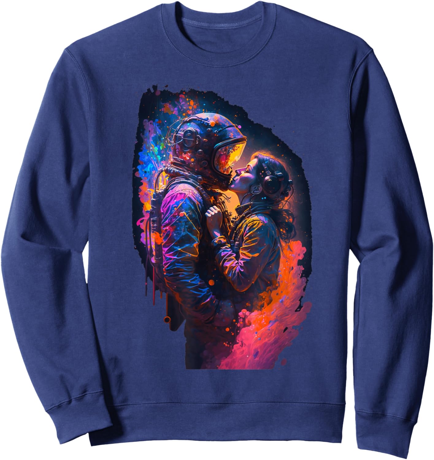Astronaut Love Couple Kiss Outer Space | Colorful Astronaut Sweatshirt - Sweatshirt | Navy