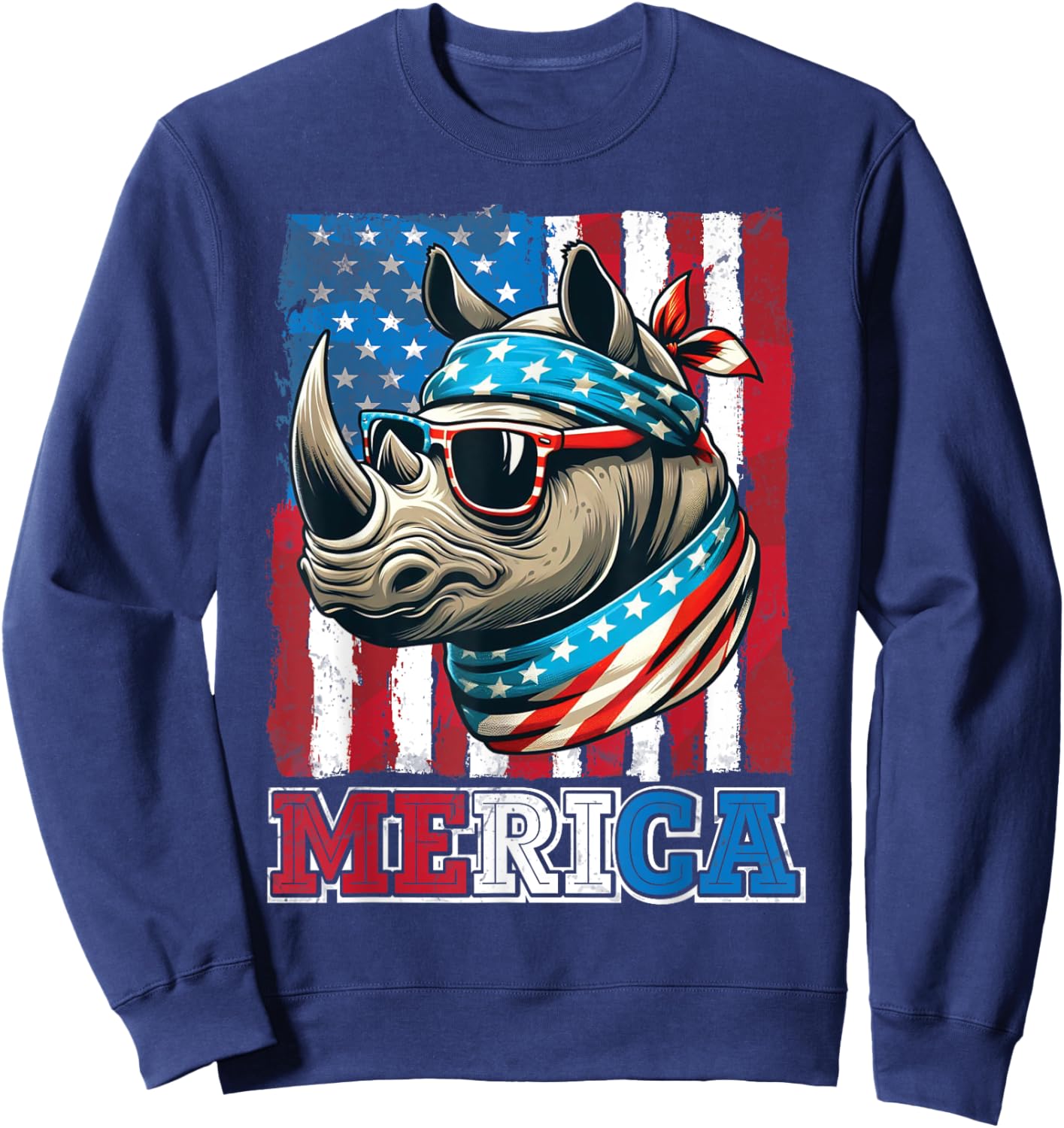 Rhino Wearing US Flag Costume Independence July 4th MERICA Women Men Sweatshirt - Sweatshirt | Navy