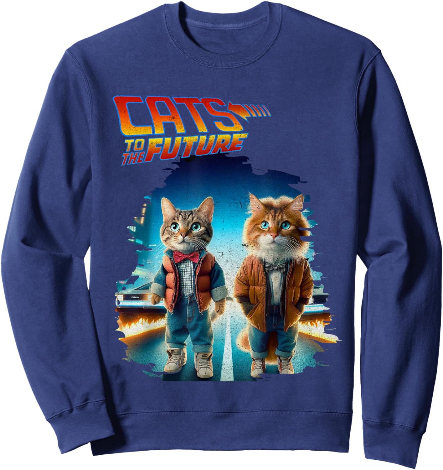 Pop Culture Cats To The Future Parody Funny 80s 90s Cats Sweatshirt - Sweatshirt | Navy
