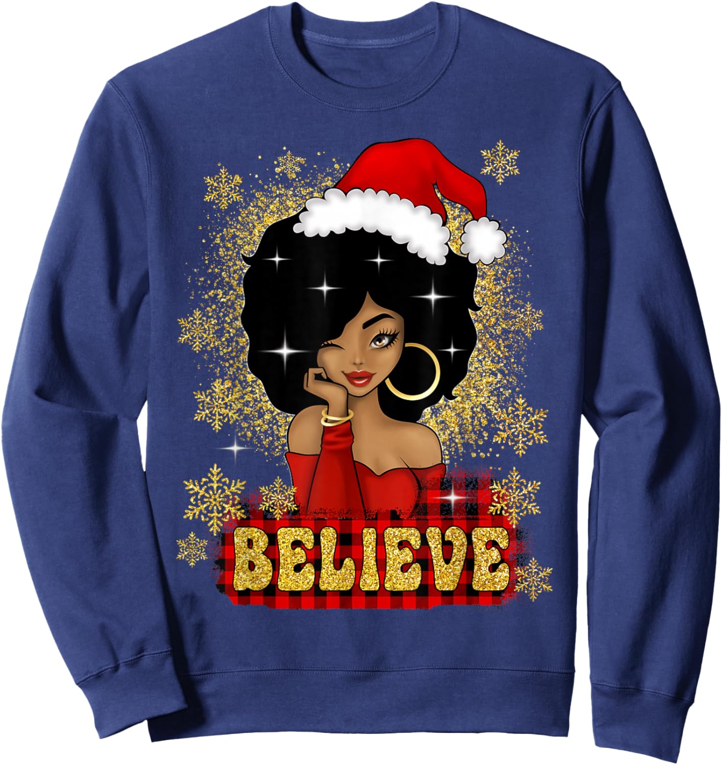 Christmas Believe Santa African American Black Woman Sweatshirt - Sweatshirt | Navy