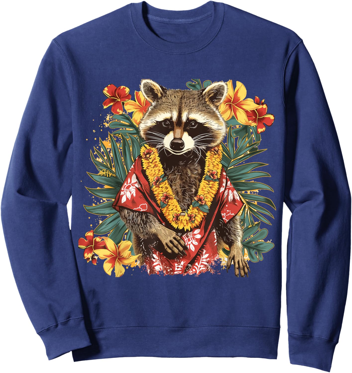 Hawaiian Hibiscus Flowers Hawaiian Raccoon Sweatshirt - Sweatshirt | Navy