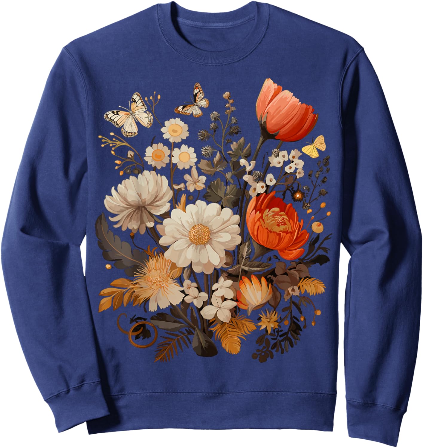 Vintage Pressed Flowers Butterflies Floral Boho Wildflowers Sweatshirt - Sweatshirt | Navy