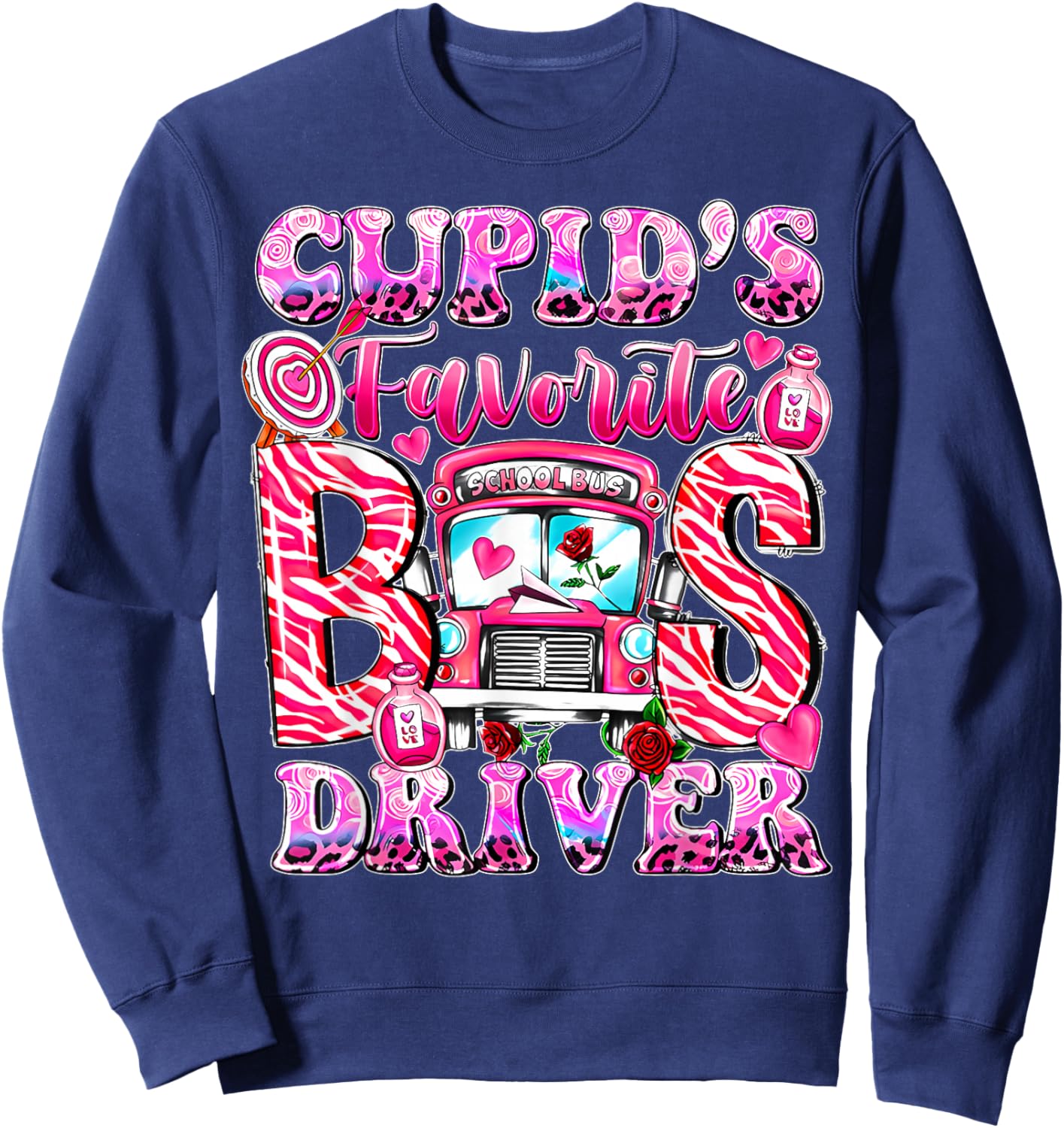 Groovy Cupid's Favorite School Bus Driver Valentine's Day Sweatshirt - Sweatshirt | Navy