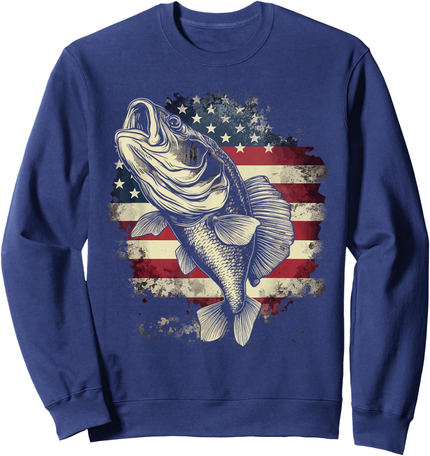 Patriotic Fishing 4th of July Men American Flag Bass Fishing Sweatshirt - Sweatshirt | Navy