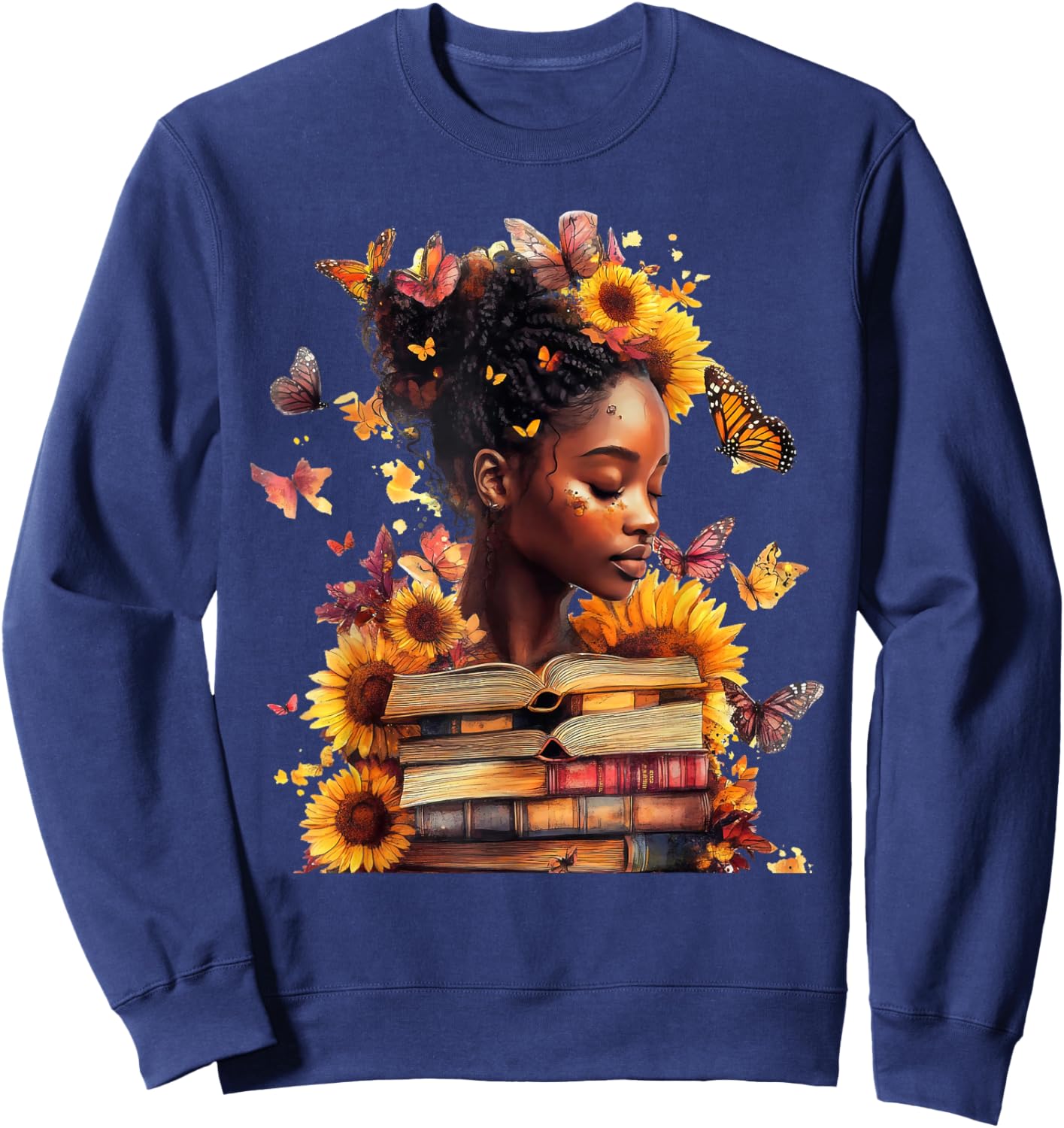 Queen Melanin Black Women Butterfly Sunflower Black History Sweatshirt - Sweatshirt | Navy