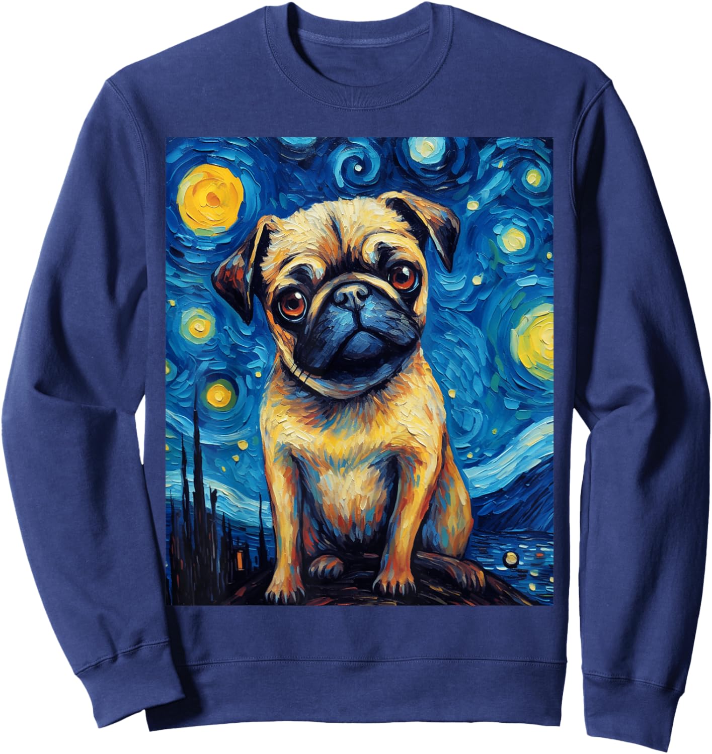 Starry Night Pug Dog Van Gogh Sky Painting Art Pug Lovers Sweatshirt - Sweatshirt | Navy