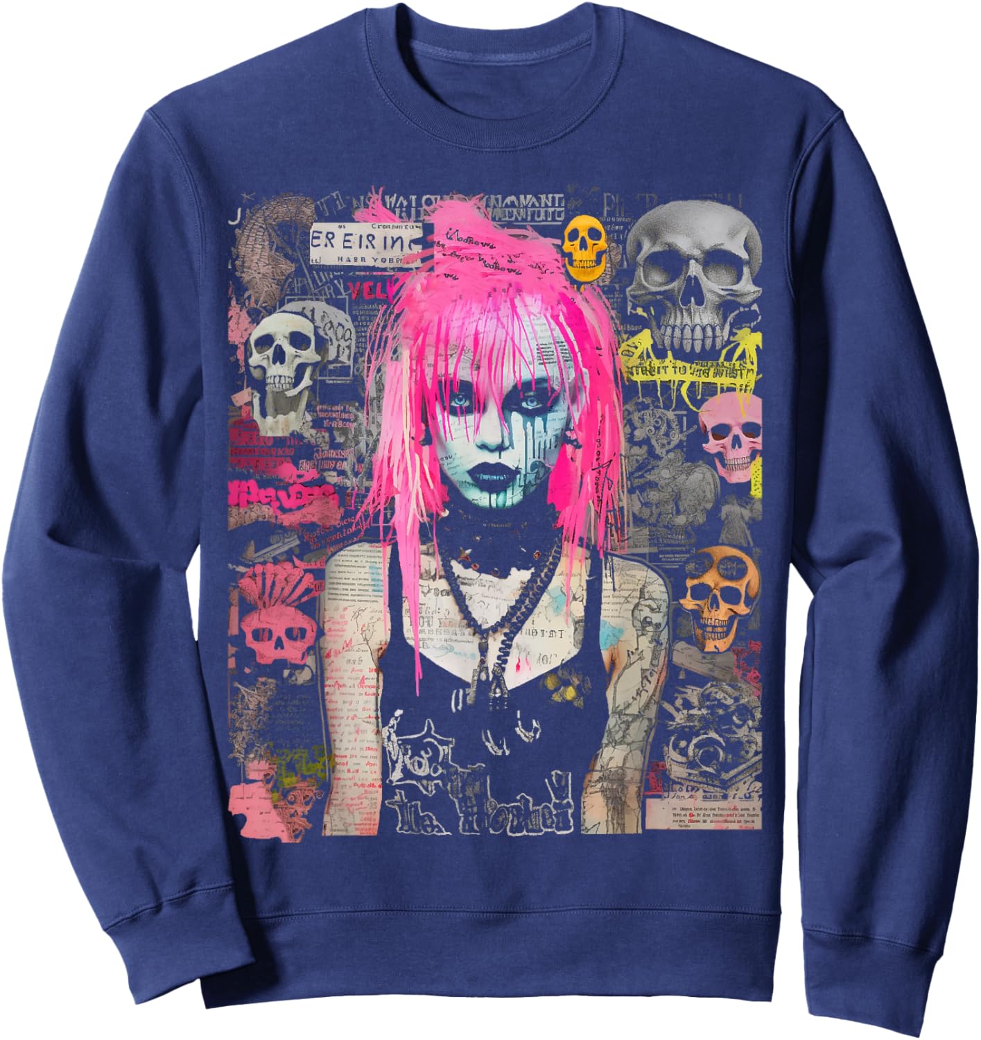 Pink Hair Punk Goth Witch With Skull Collage Background Sweatshirt - Sweatshirt | Navy