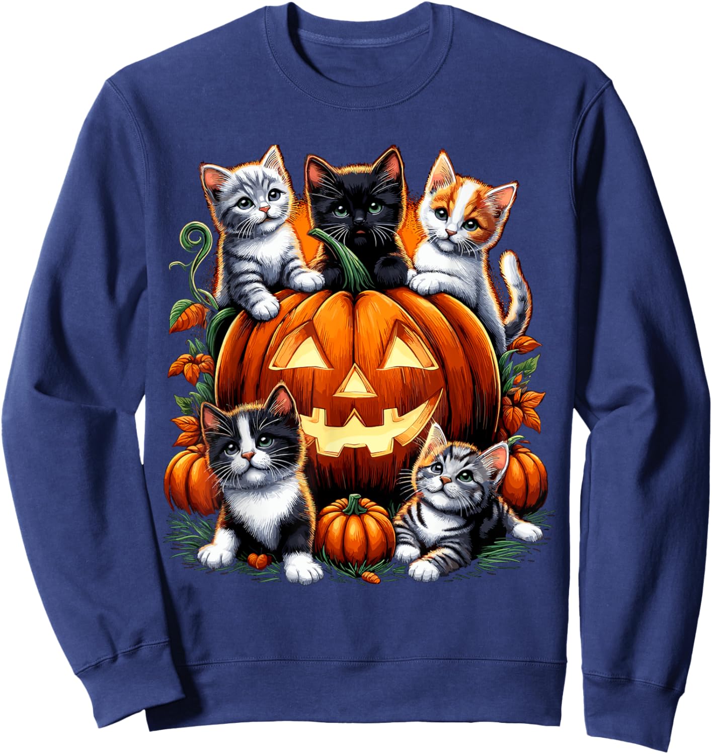 Cat Pumpkin Halloween Retro Floral Spooky Men Women Kids Sweatshirt - Sweatshirt | Navy
