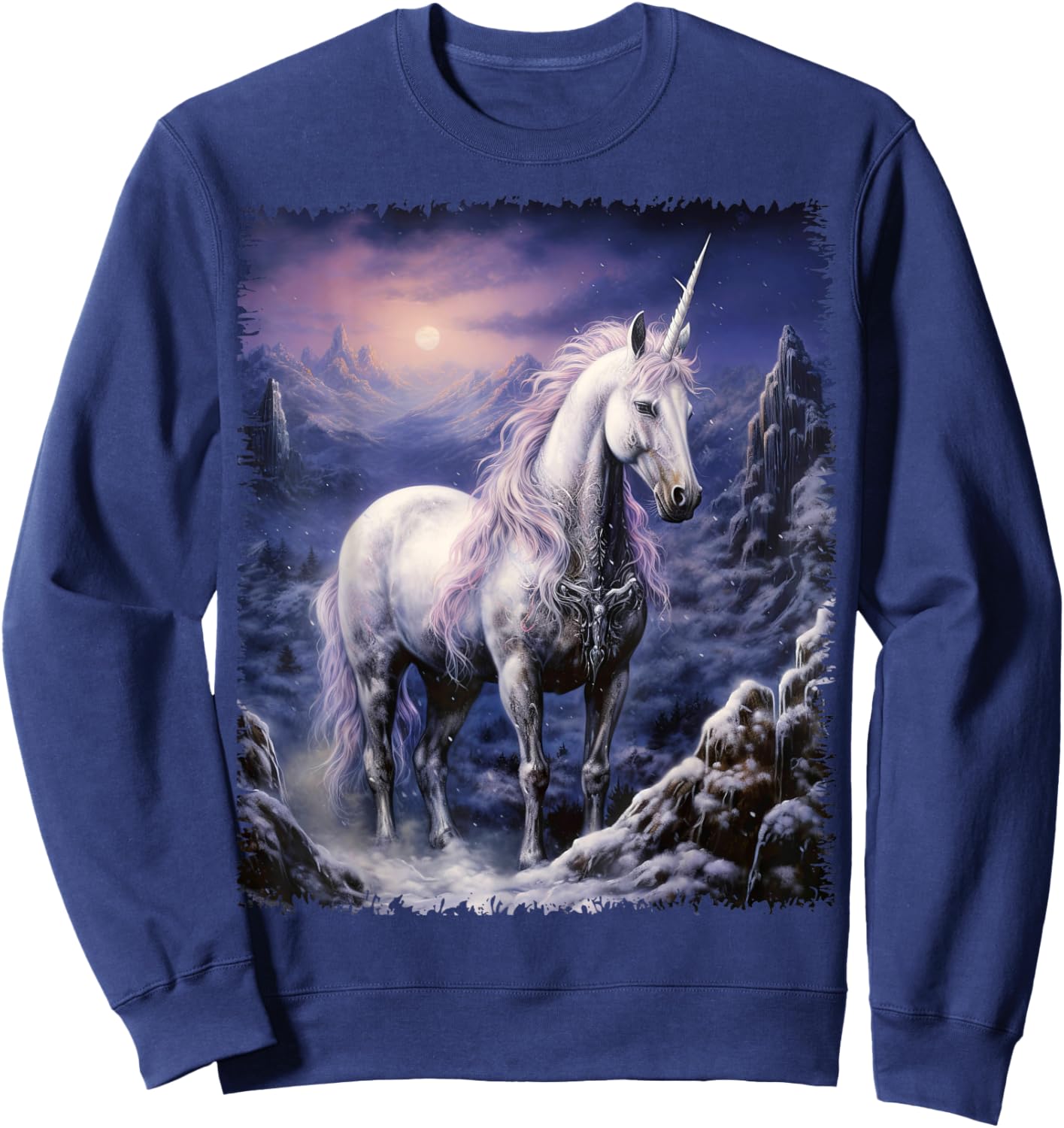 Fantasy white Unicorn standing in the snowy forest Sweatshirt - Sweatshirt | Navy