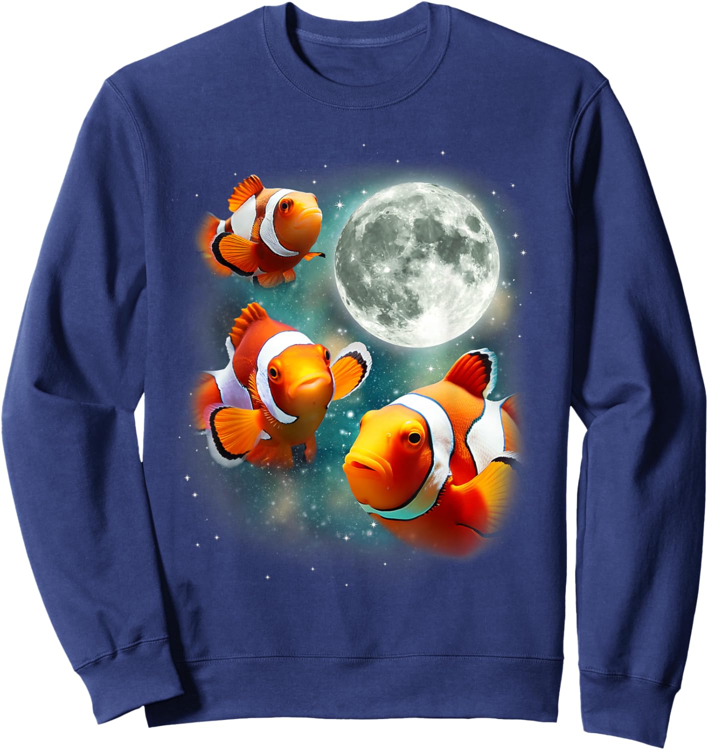 Three Clownfish Moon | Tropical Ocean Marine Clown Fish Sweatshirt - Sweatshirt | Navy