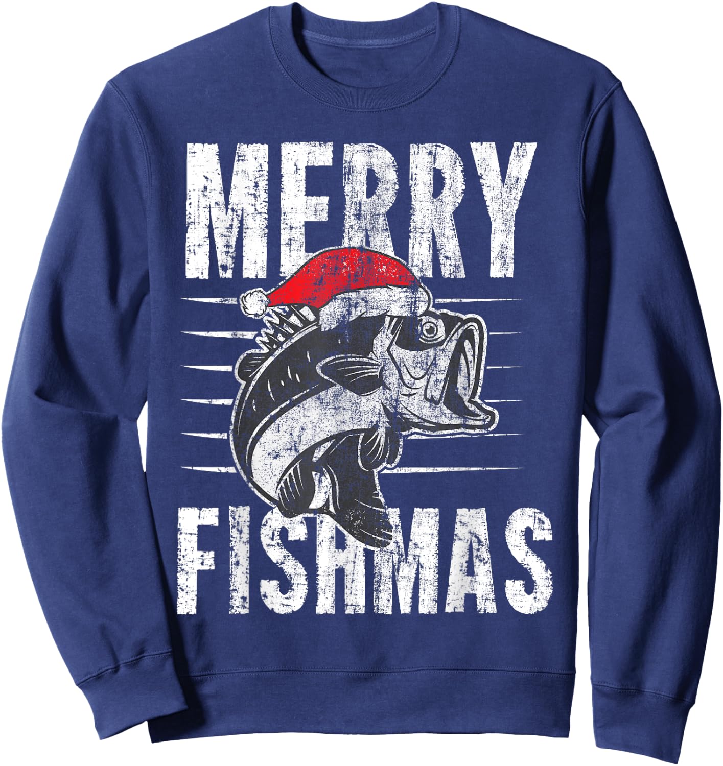 Merry Fishmas Funny Christmas Fishing Distressed Gift Sweatshirt - Sweatshirt | Navy
