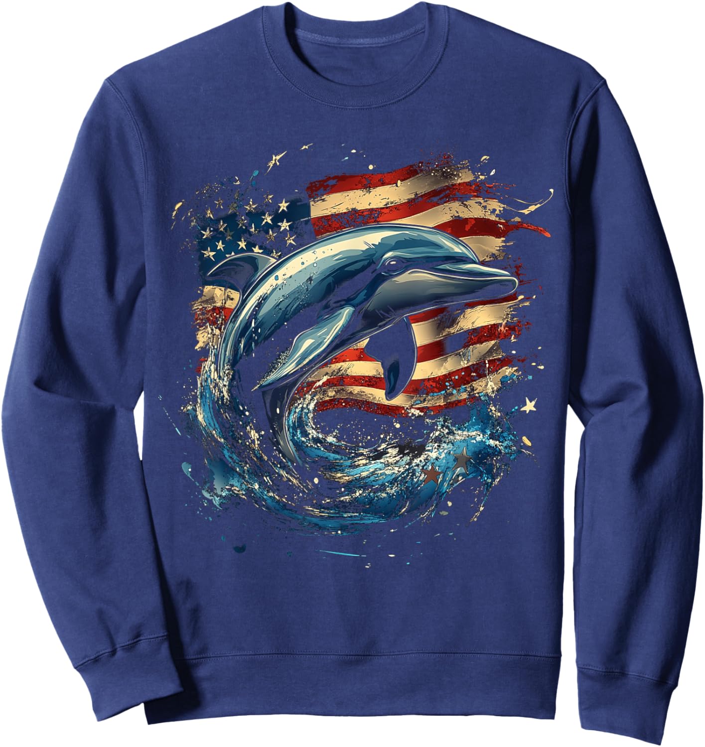 Patriotic Dolphin with American Flag Design Sweatshirt - Sweatshirt | Navy