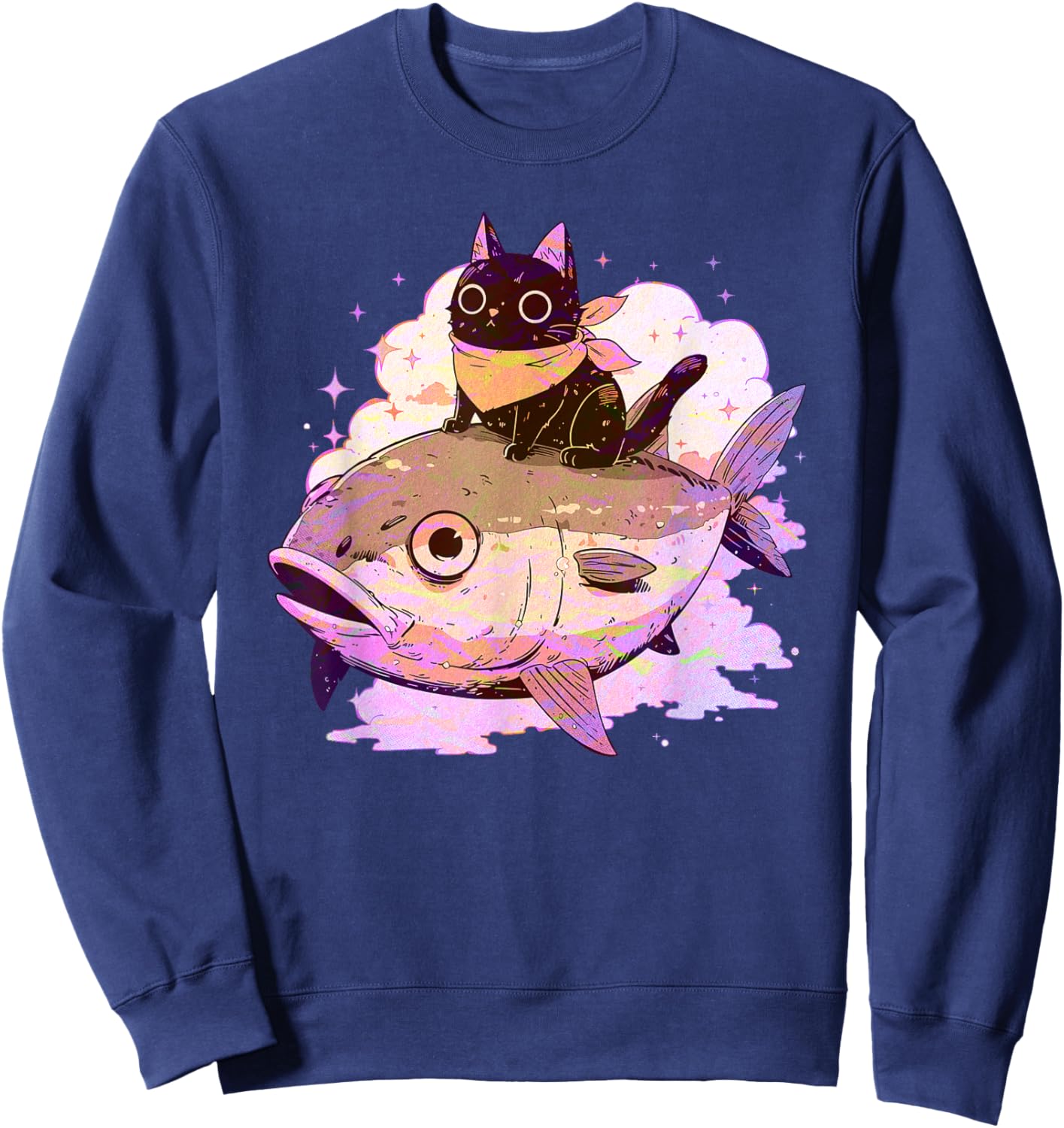 Funny Pink Pastel Goth Aesthetic Tuna Fish Neko Kawaii Cat Men Women Girls Kids Sweatshirt - Sweatshirt | Navy
