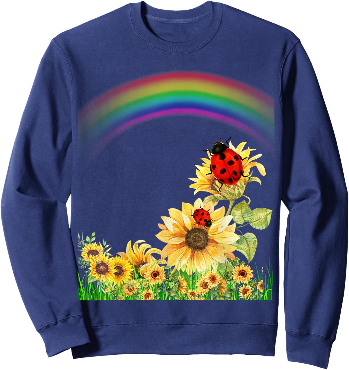 Ladybugs With Rainbows and Sunflowers Ladybug Design Sweatshirt - Sweatshirt | Navy