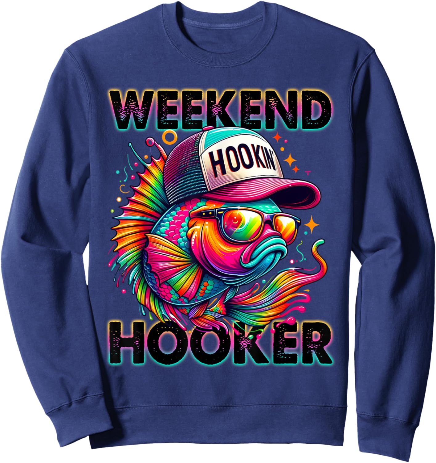 Weekend Hooker Funny Fishing Colorful Tie Dye Seabass Fish Sweatshirt - Sweatshirt | Navy